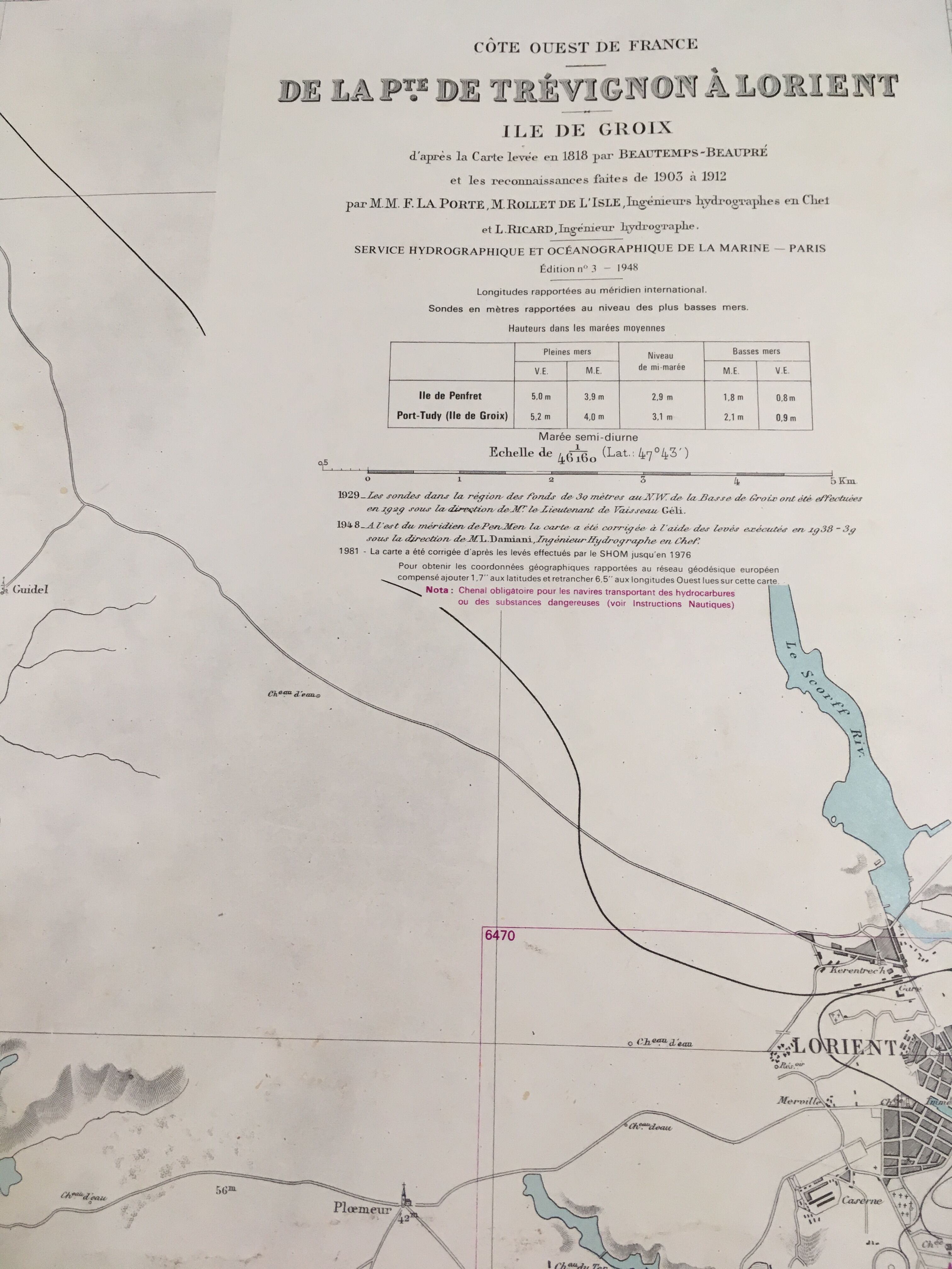 Ancient south Brittany marine map from Trevignon to Lorient
