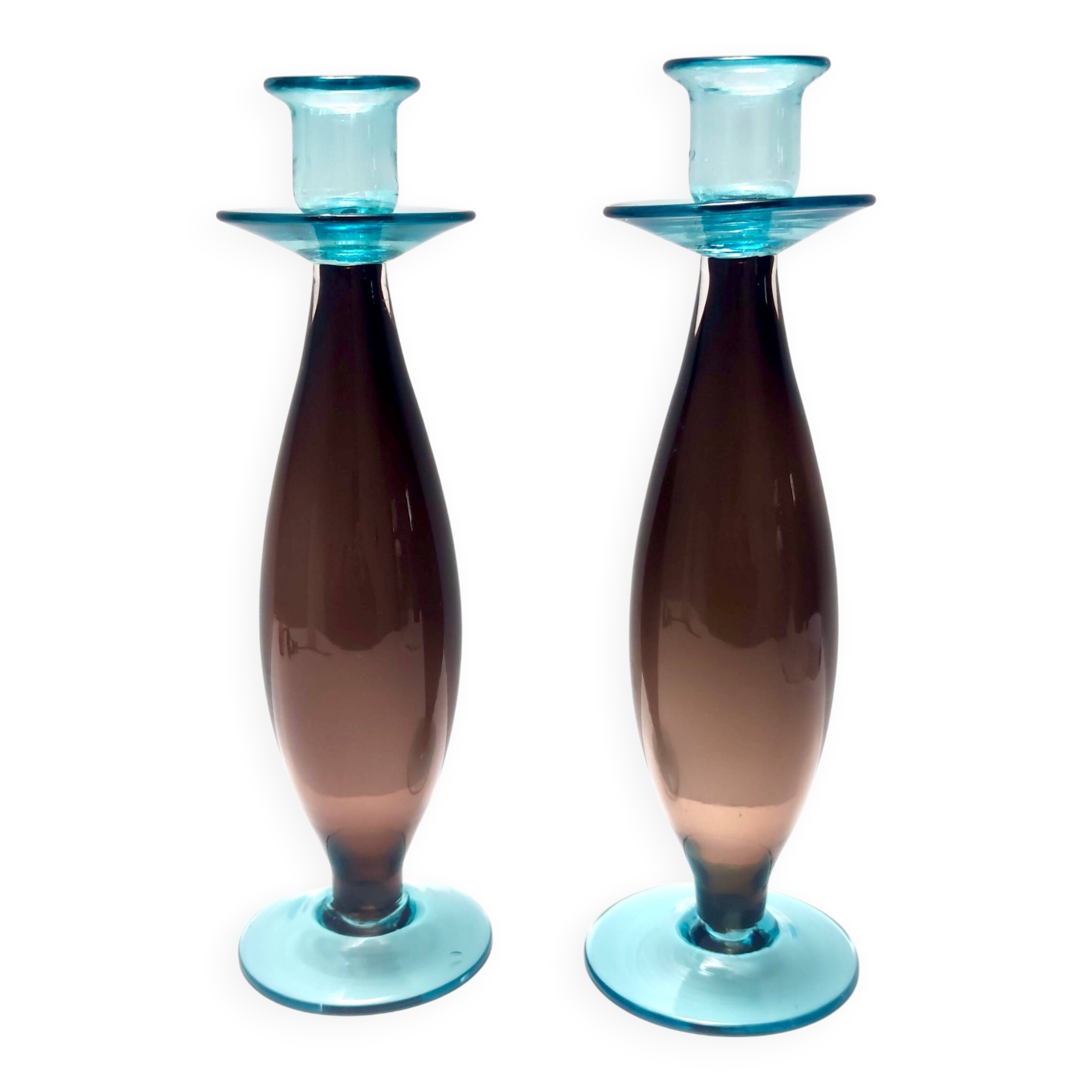 Pair of Brown and Aquamarine Murano Glass Candleholders, Italy