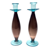 Pair of Brown and Aquamarine Murano Glass Candleholders, Italy
