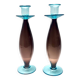 Pair of Brown and Aquamarine Murano Glass Candleholders, Italy
