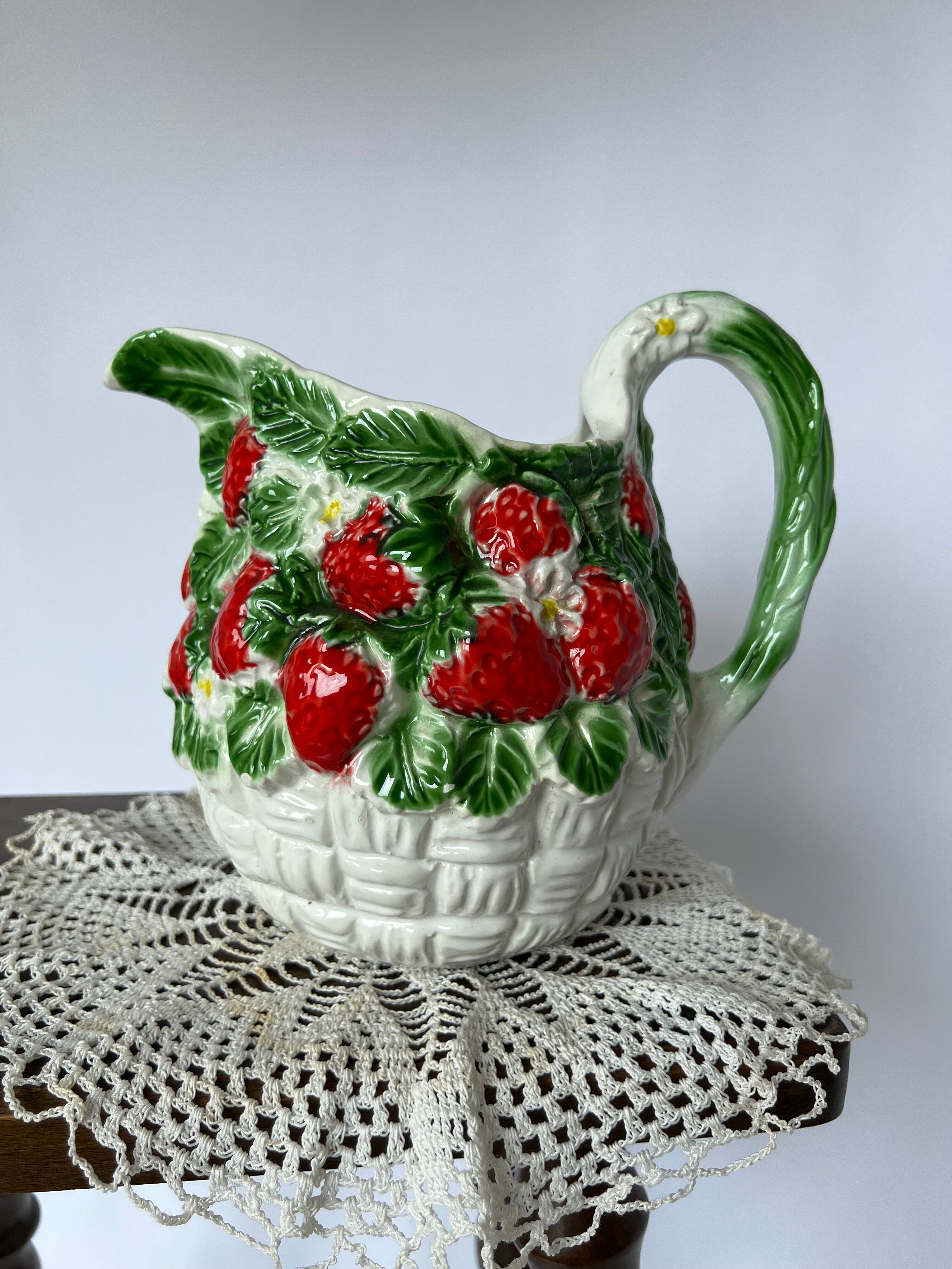 Pitcher carafe vintage slip pattern strawberries