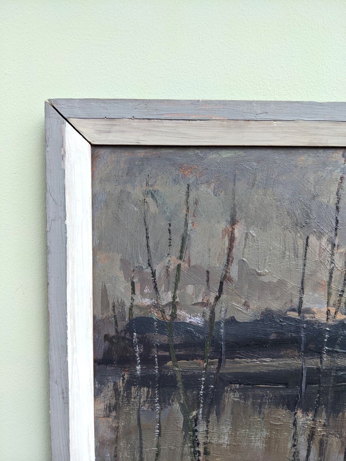 Vintage mid-century modern "river road" swedish expressionist landscape oil painting, framed