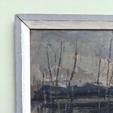 Vintage mid-century modern "river road" swedish expressionist landscape oil painting, framed