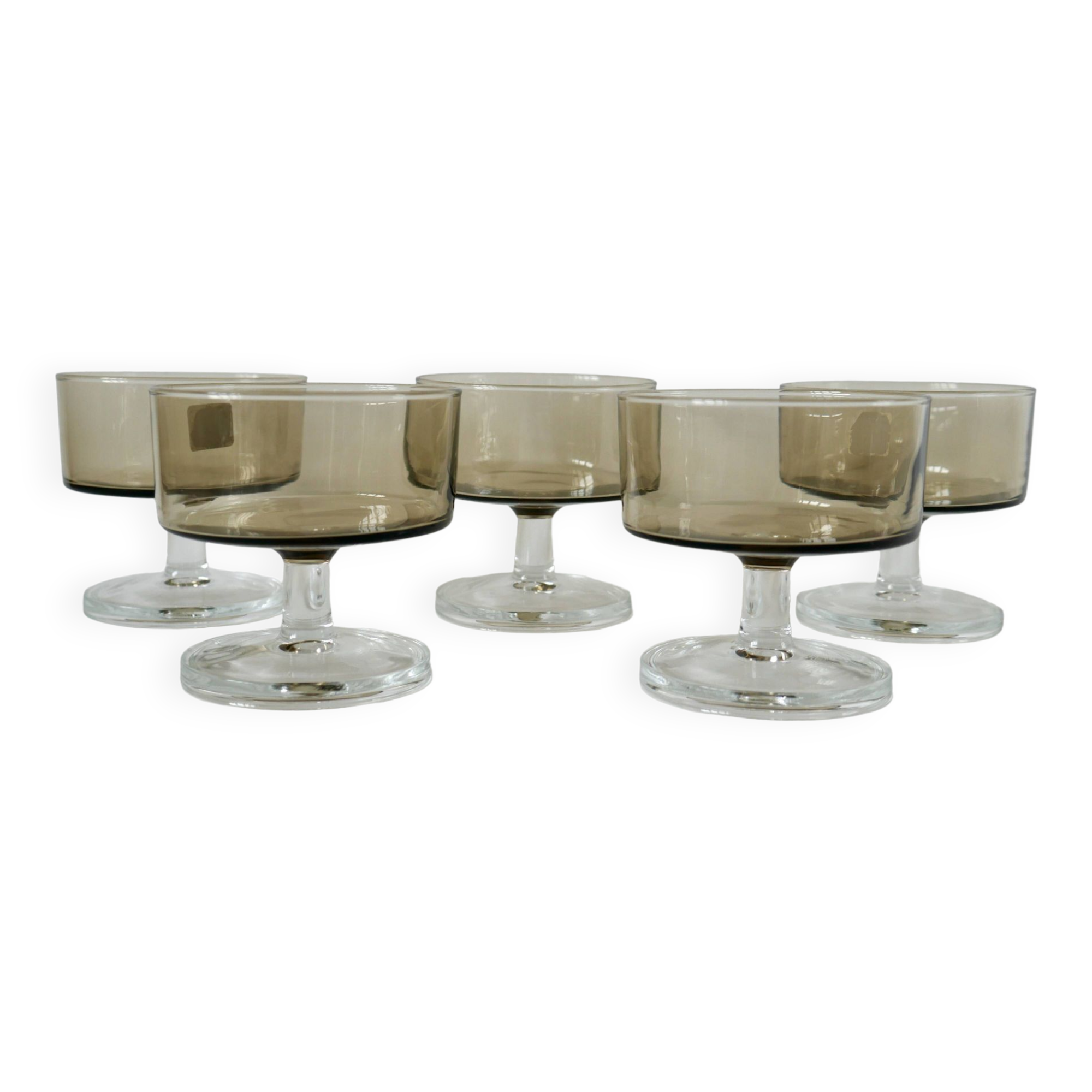 Set of 5 70s Luminarc smoked glass champagne glasses