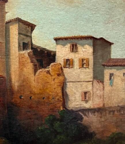 Landscape of a fortified village hamlet from the 19th century - Original antique oil painting.