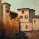 Landscape of a fortified village hamlet from the 19th century - Original antique oil painting.