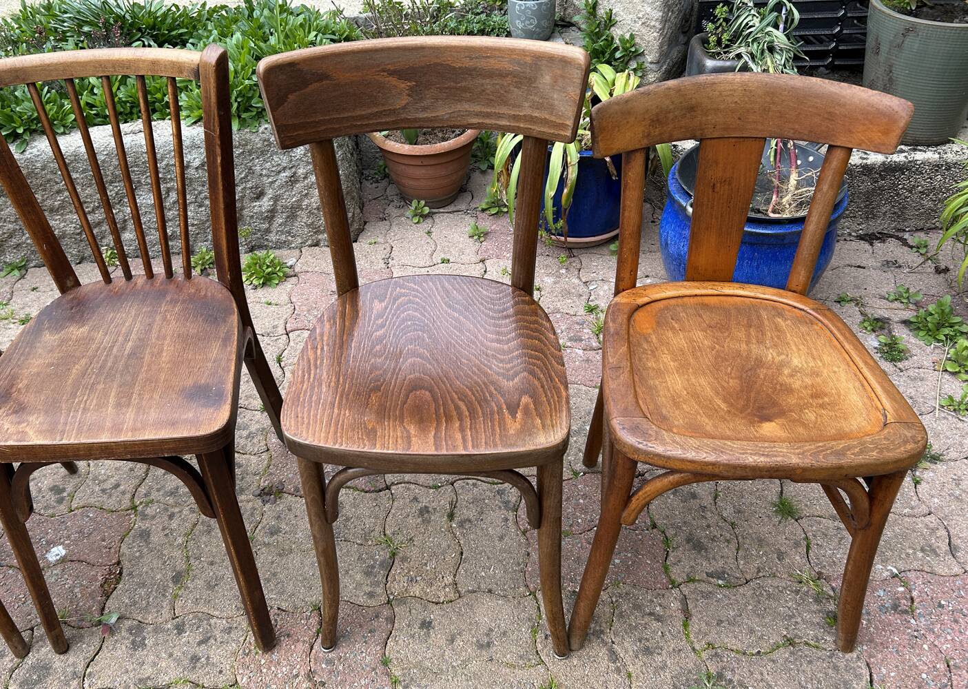 Set of 8 vintage bistro chairs, 50s, 60s, dark oak.