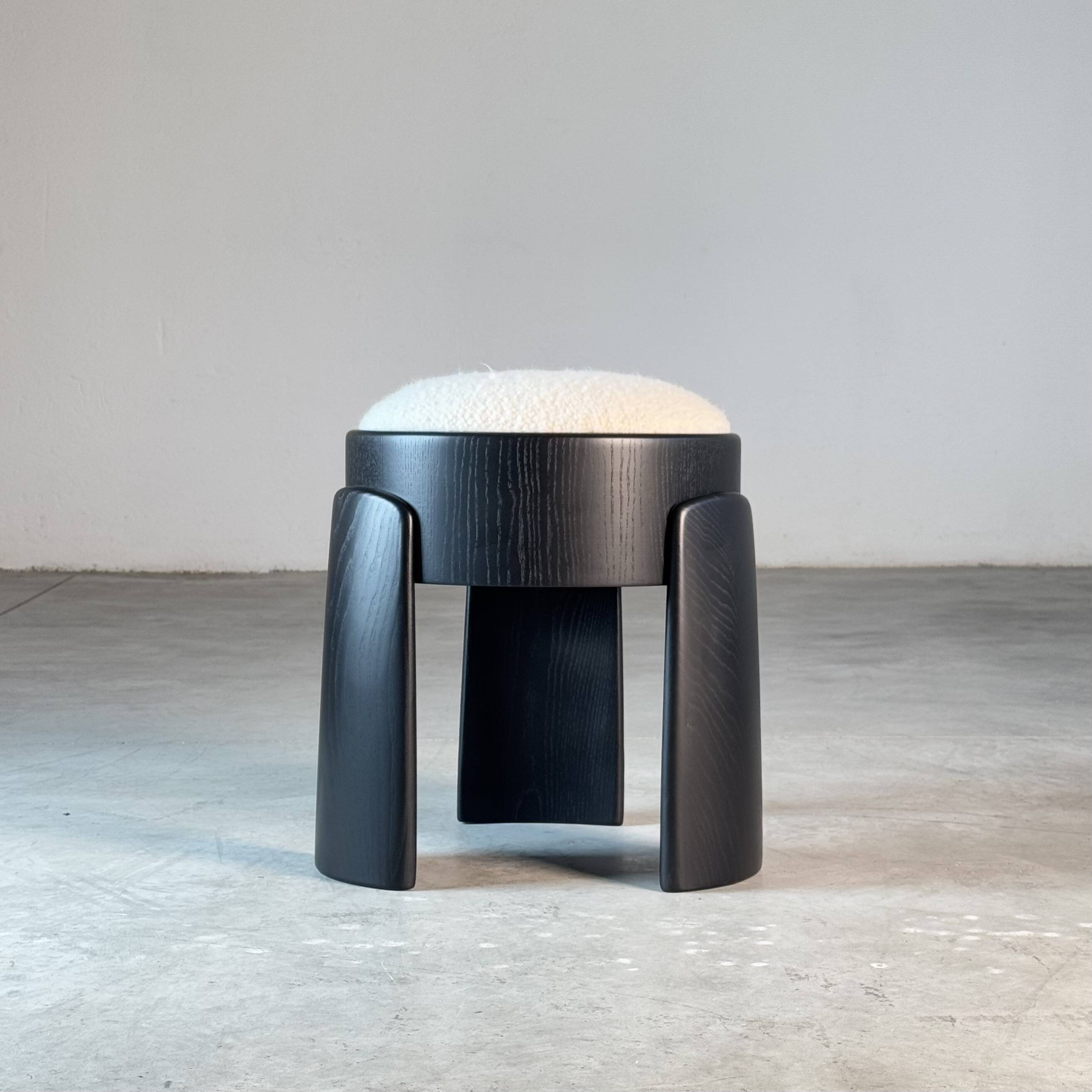 Sculptural Black Ash Wood Stool with Dedar Milano Bouclé Ivory by FORME