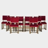 Set of eight oak barley twist dining chairs in red velvet, 19th century