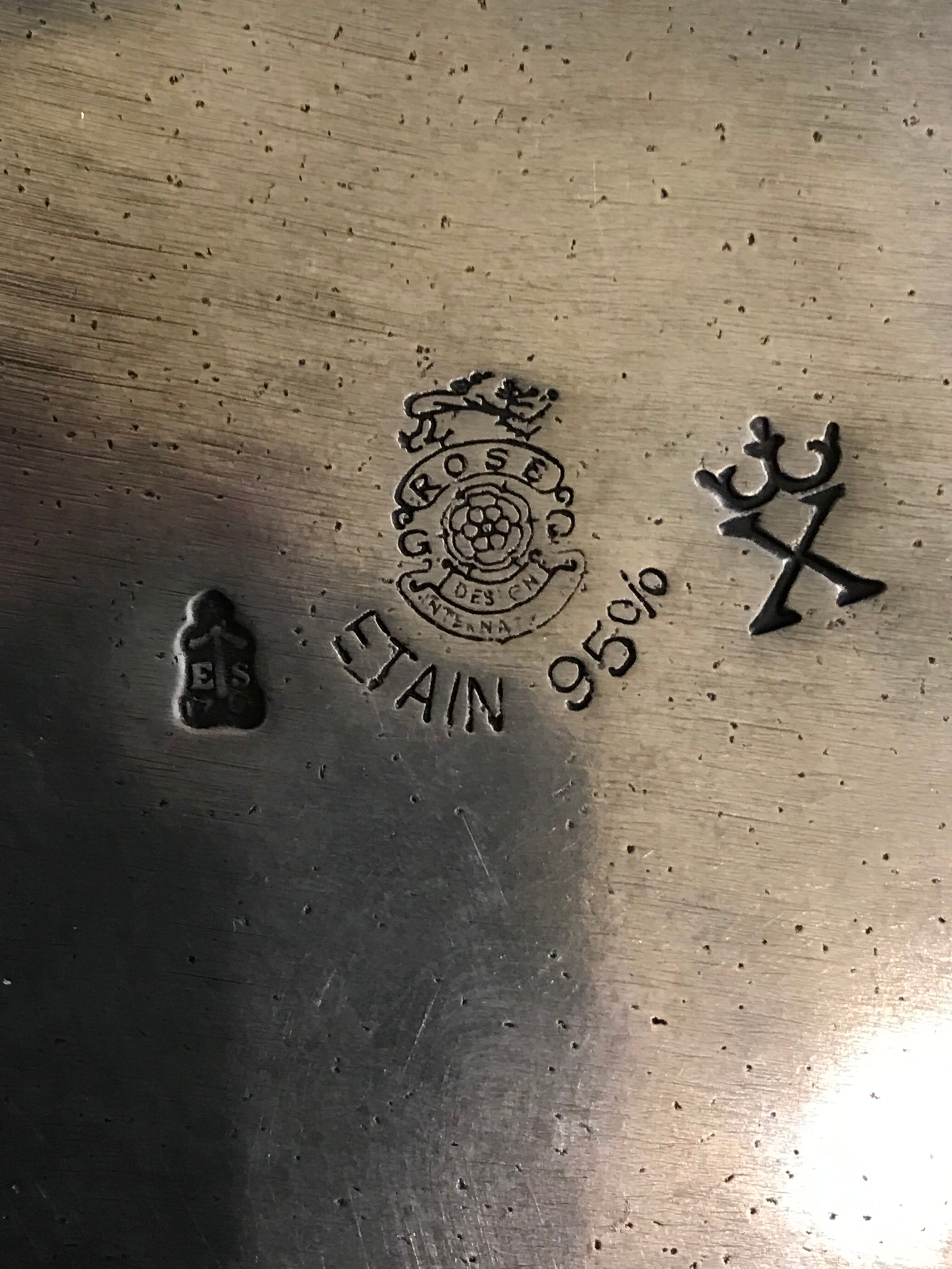 Patinated pewter dish brand pink design cut with handles 80s