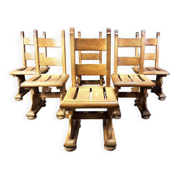 Chaises de salle à manger brutalistes en chêne massif, années 1960