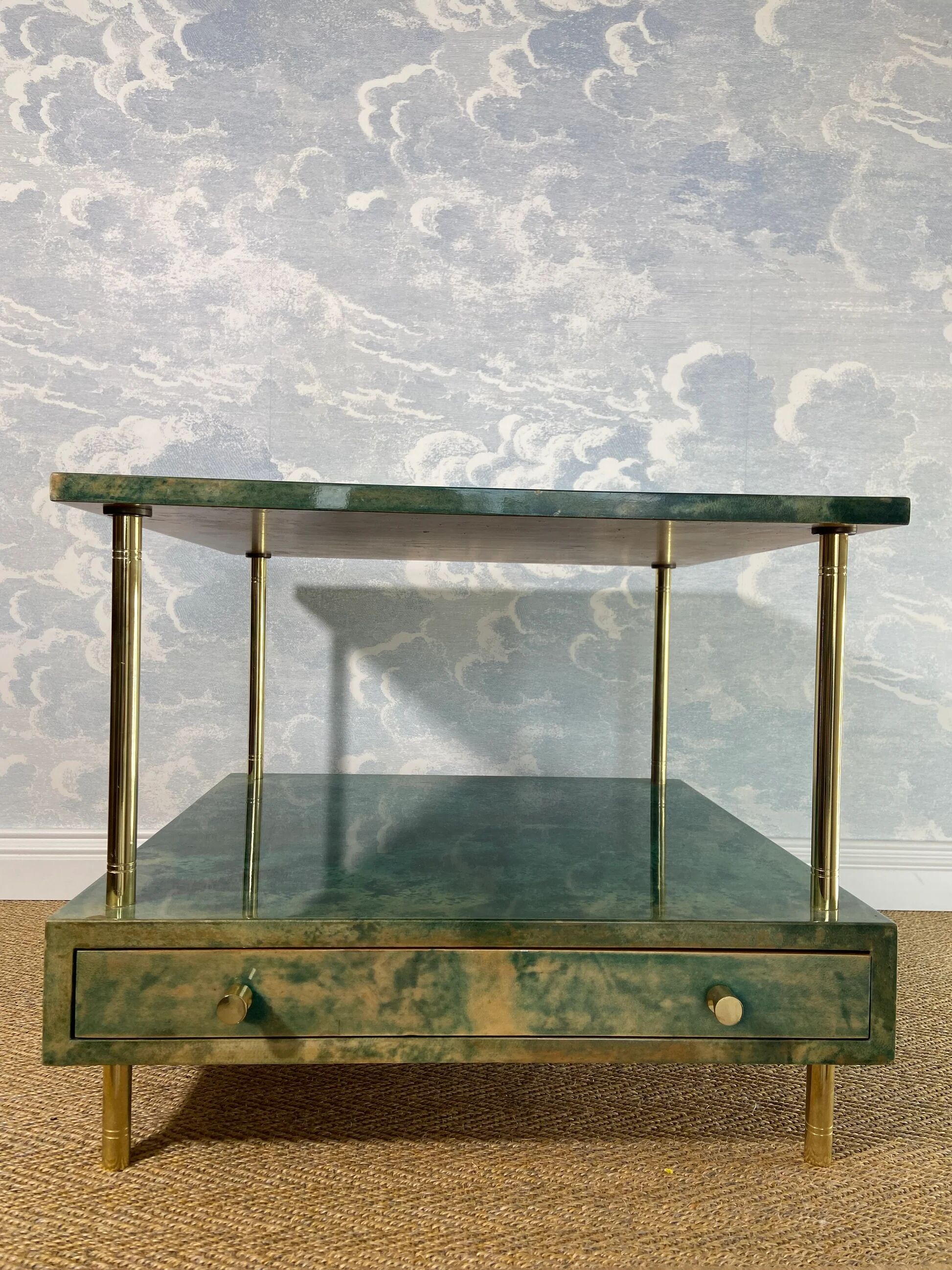 Aldo Tura side table in aqua green with brass legs and lower drawer.
