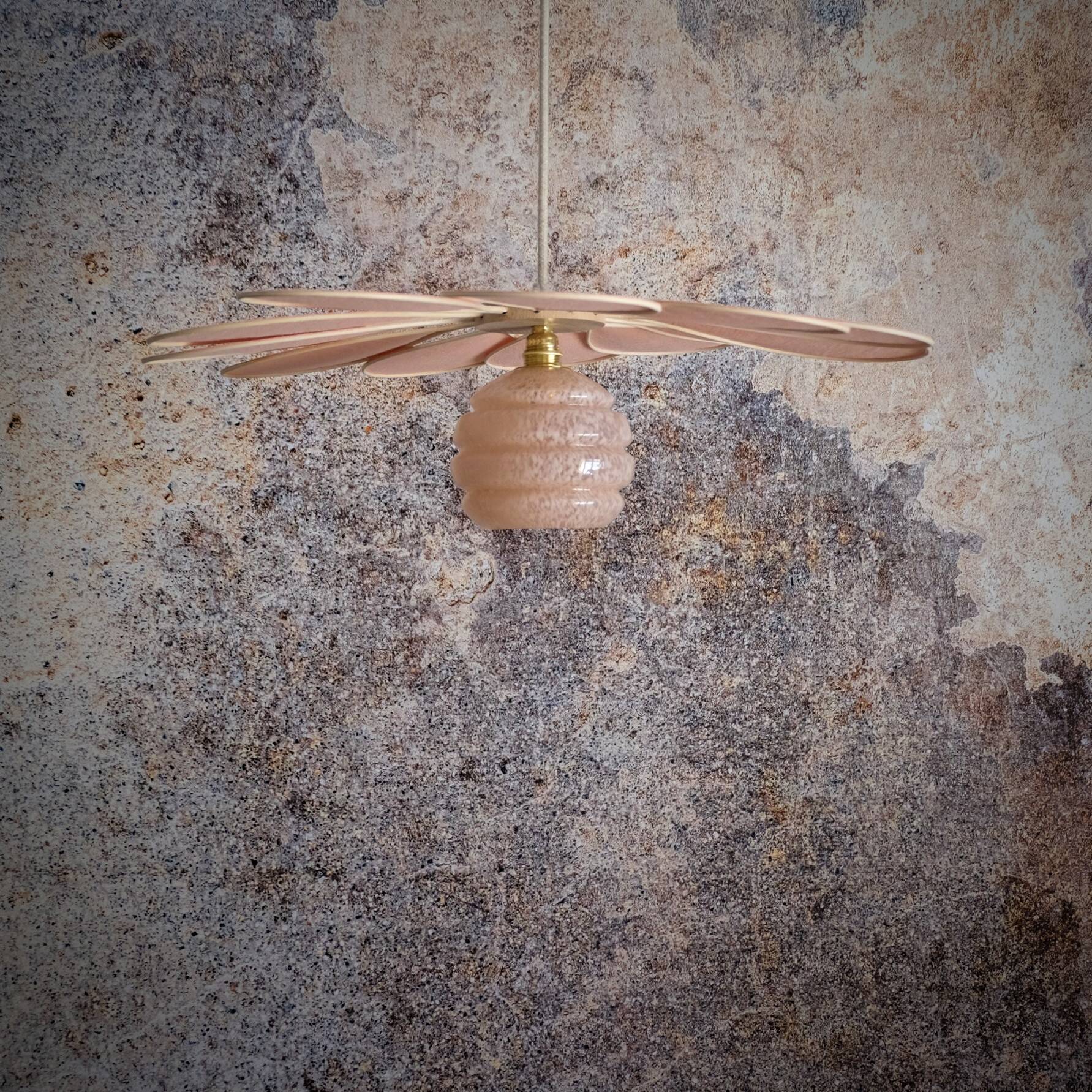 Rattan and Pink Linen Flower Pendant Light and Vintage Clichy Glass Globe