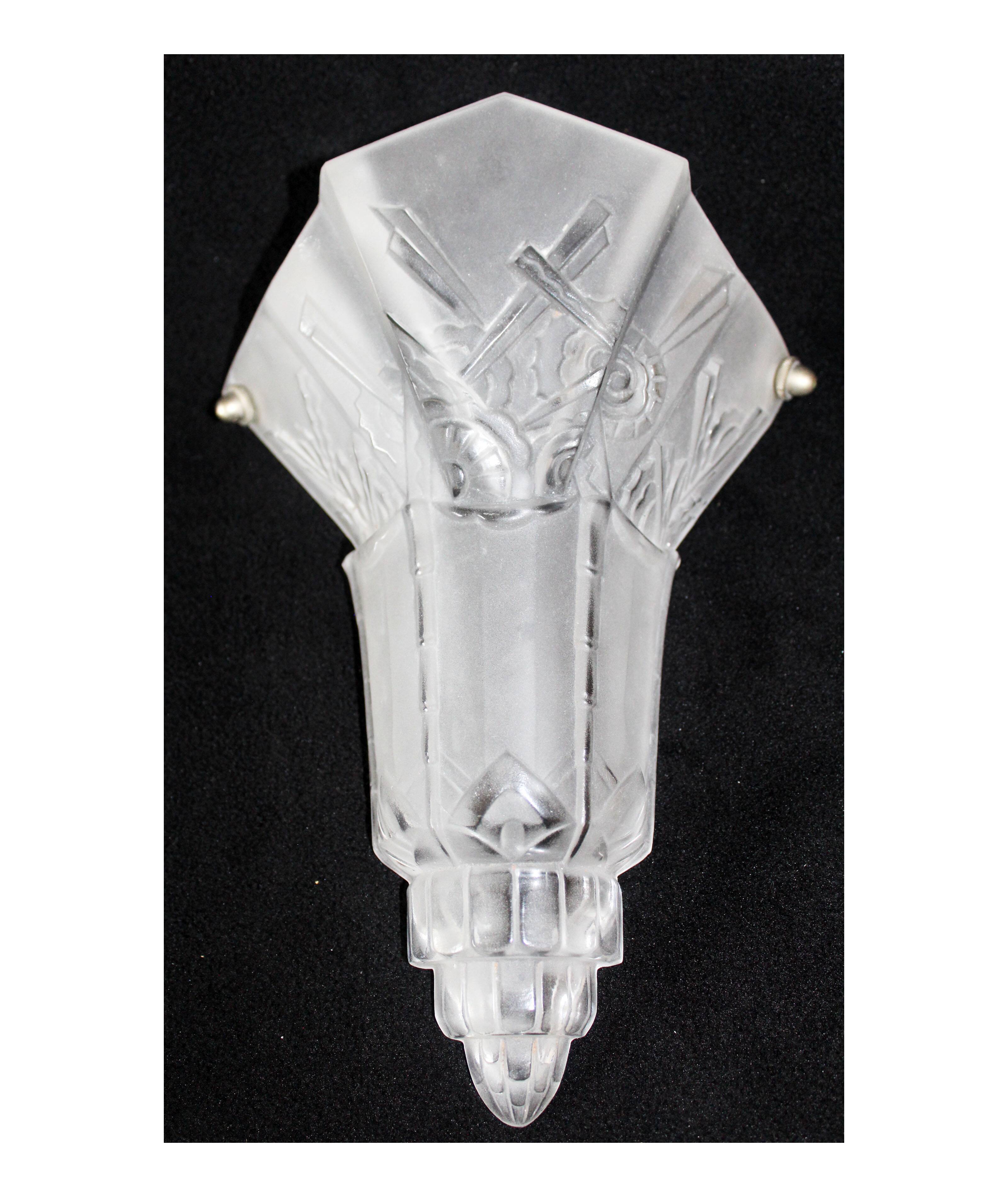 Grand abat-jour Art Déco en verre dépoli, motif floral géométrique