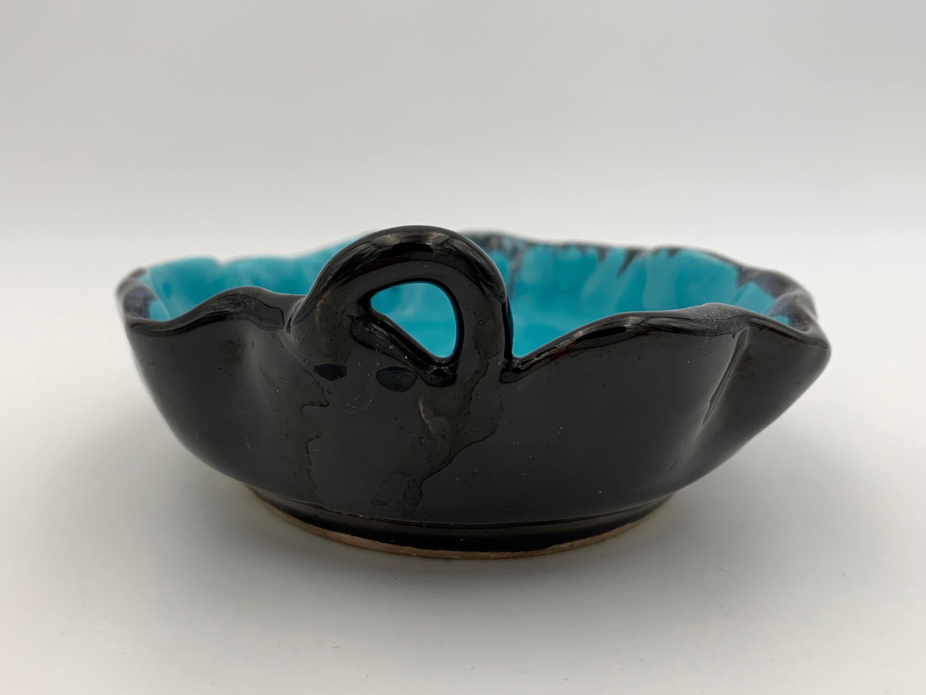 Vintage blue and black enameled ceramic trinket dish - 1960s-1970s