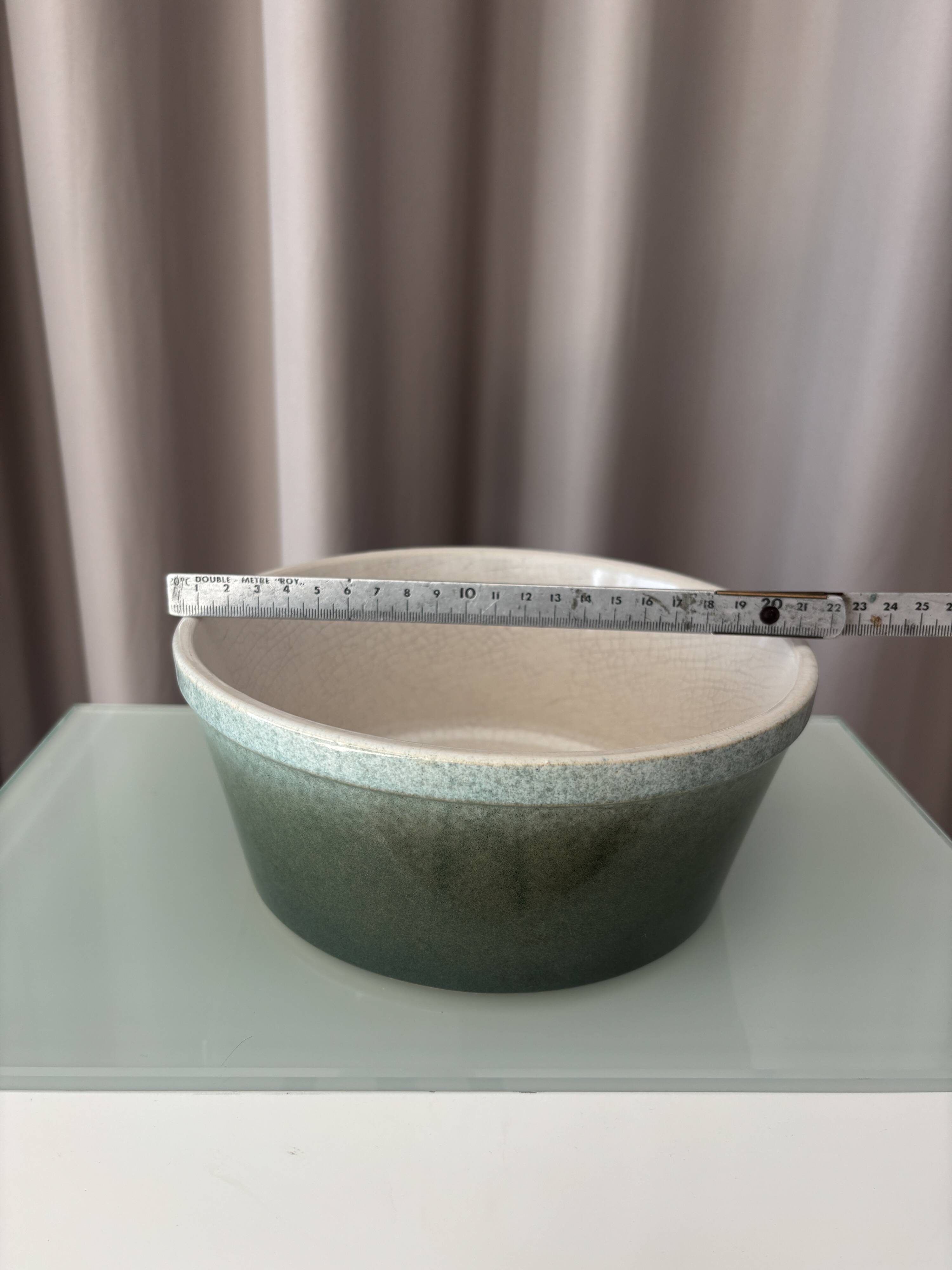 Vintage Scandinavian Stoneware Serving Bowl – Moss Green & Ivory – Mid Cent