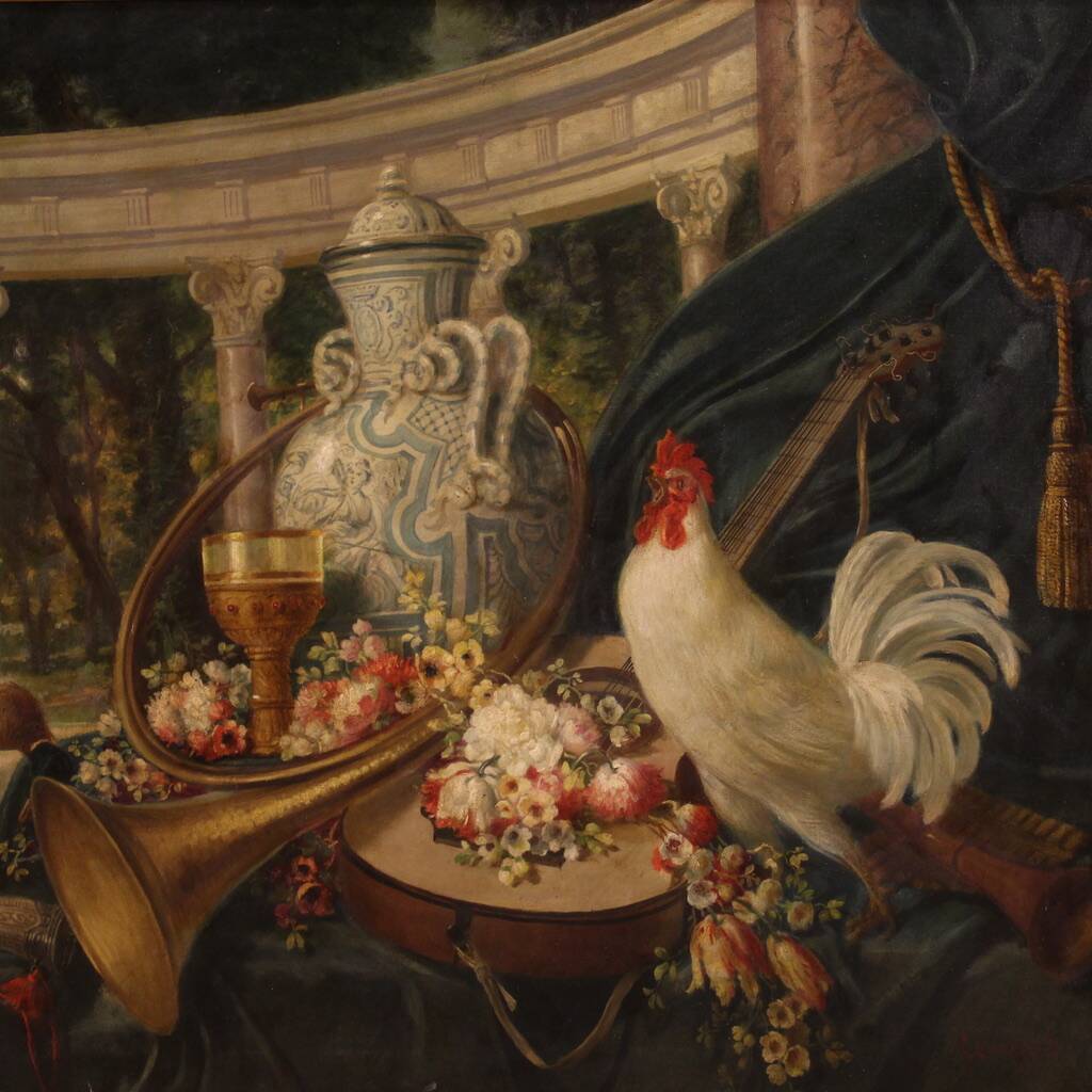 Italian painting landscape with still life from the 20th century