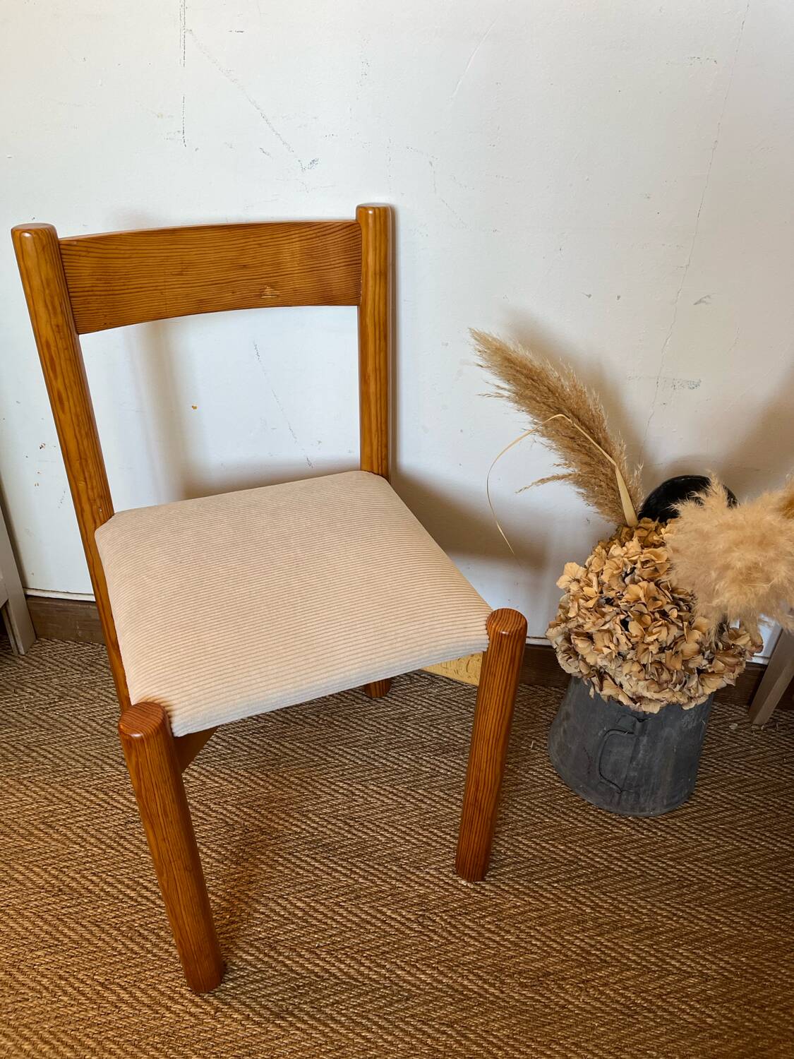 Vintage wooden chair with cream white corduroy seat