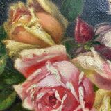 Tableau ancien , bouquet de roses fin XIX début XX siècle