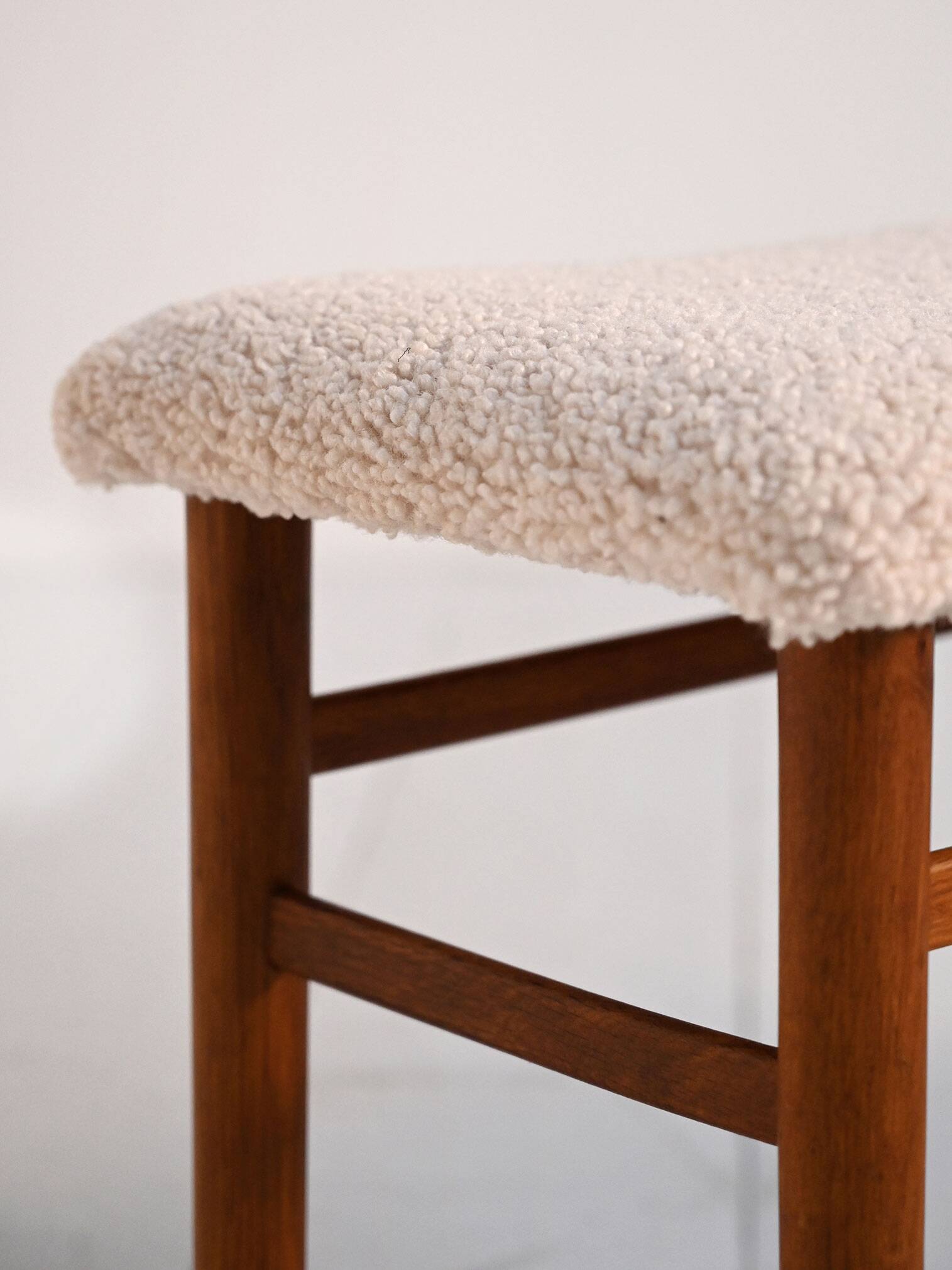 Scandinavian teak stools with sheepskin seat, 1960s