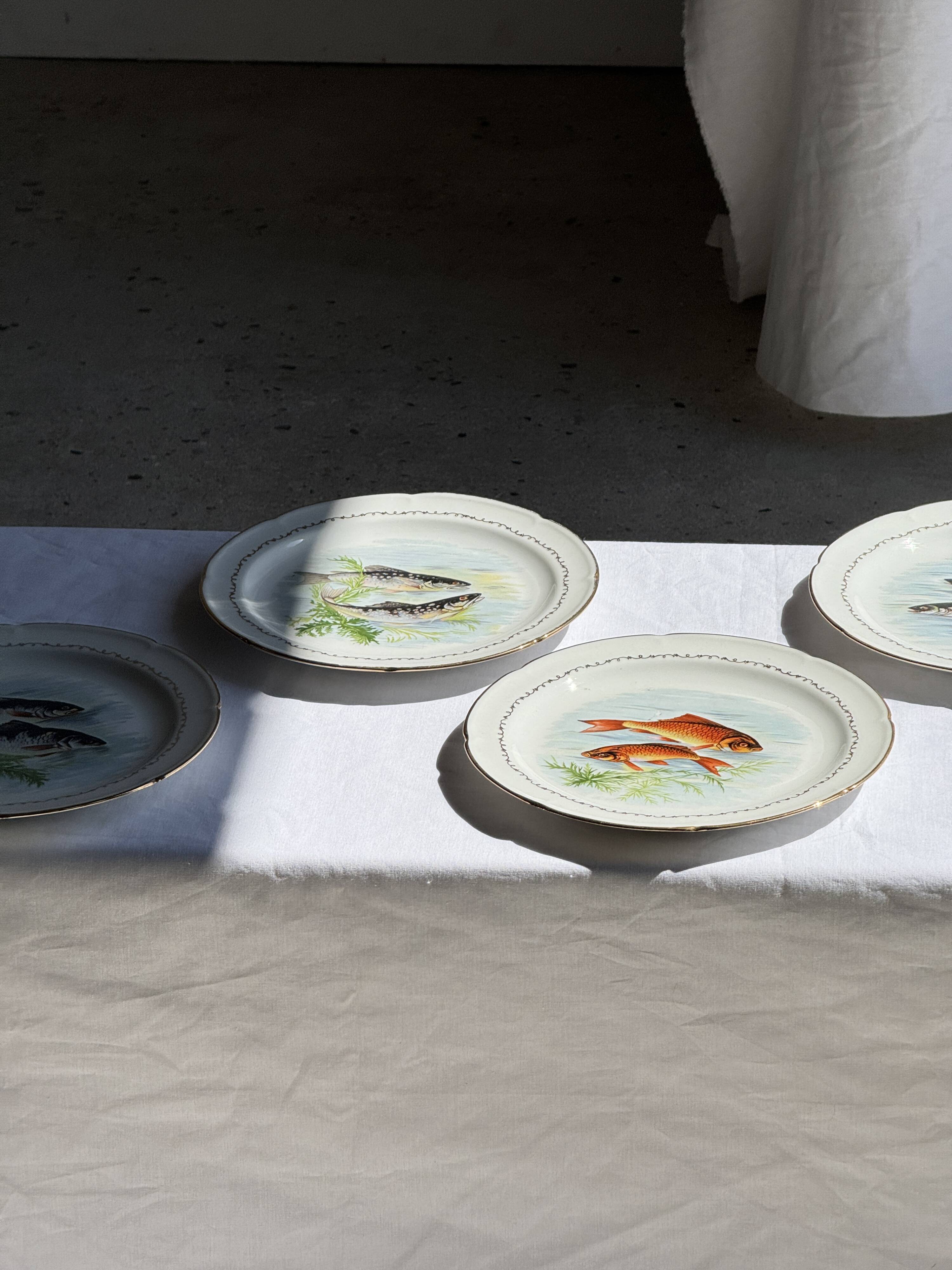 Set of 6 vintage Limoges porcelain plates with fish design.