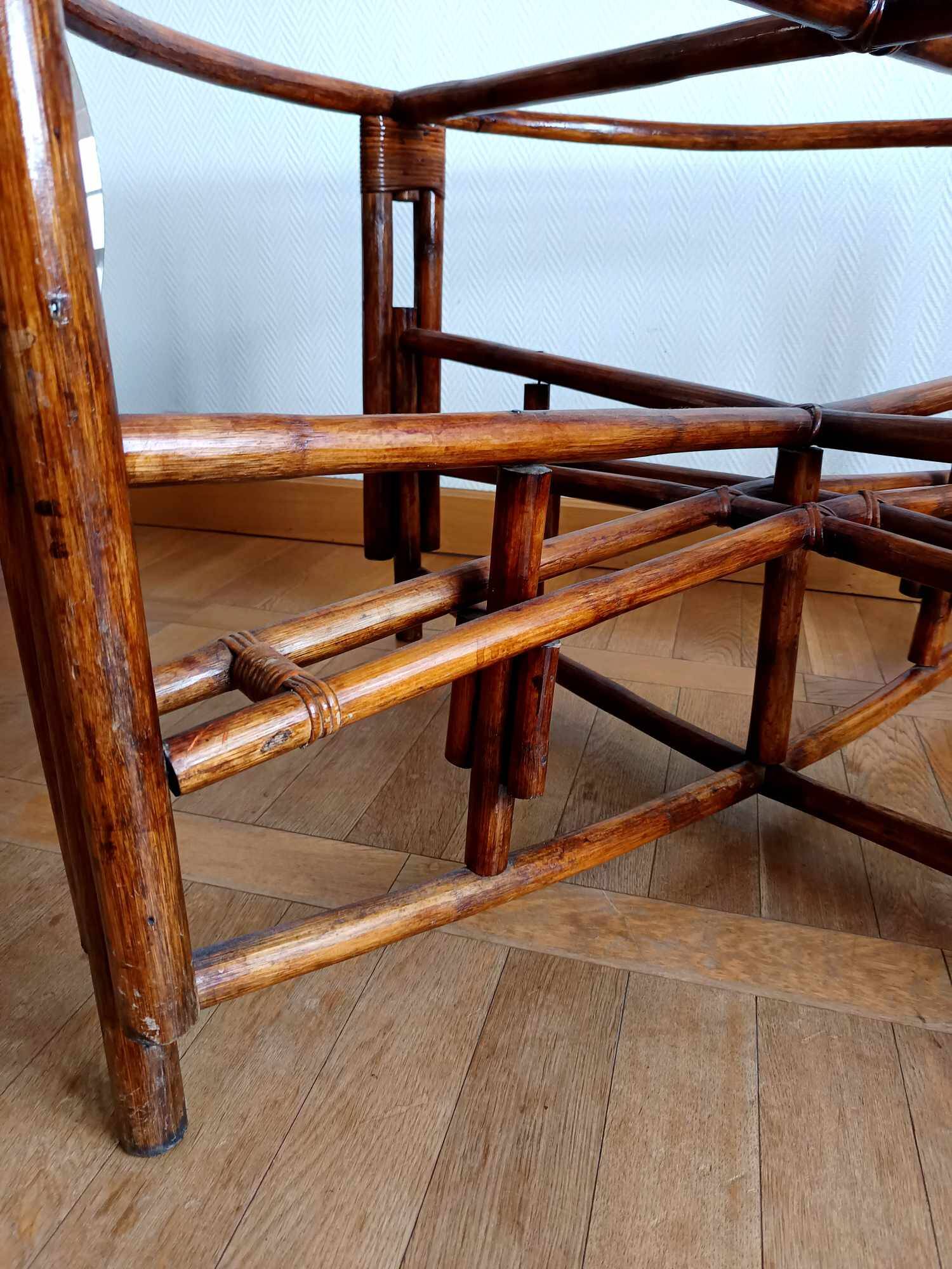 Large telescopic rattan table circa 1970