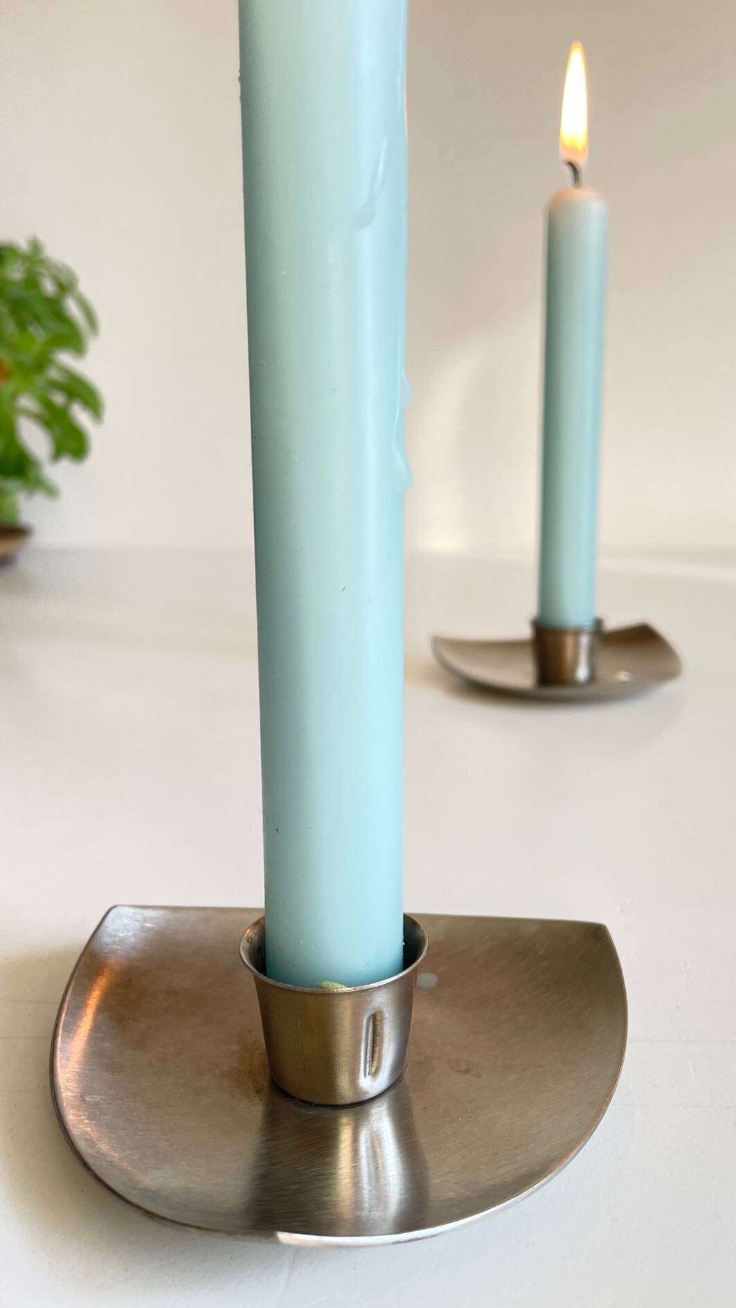 Vintage brushed metal geometric candle holders