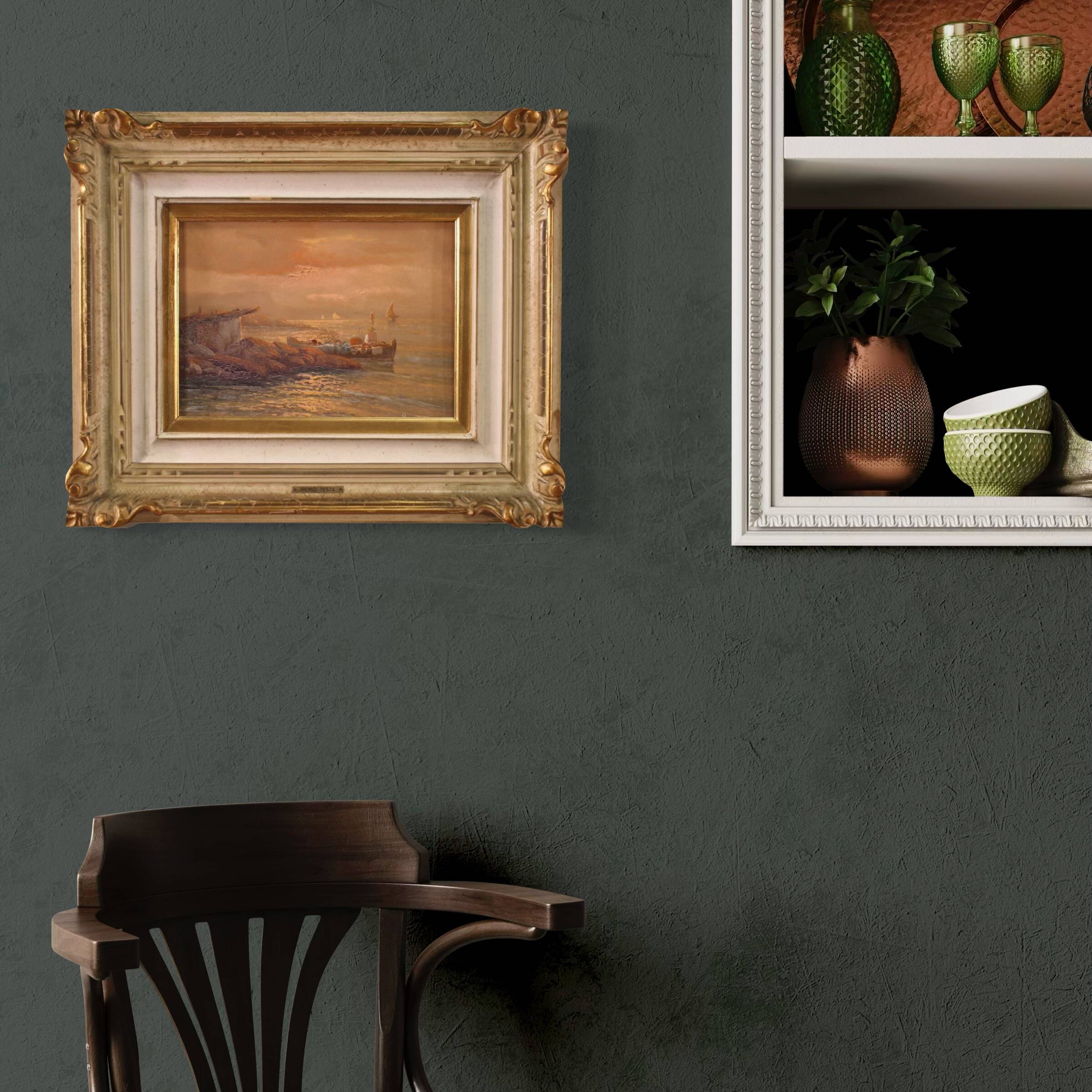 Seascape painting signed by Remo Testa, fishermen at sunset