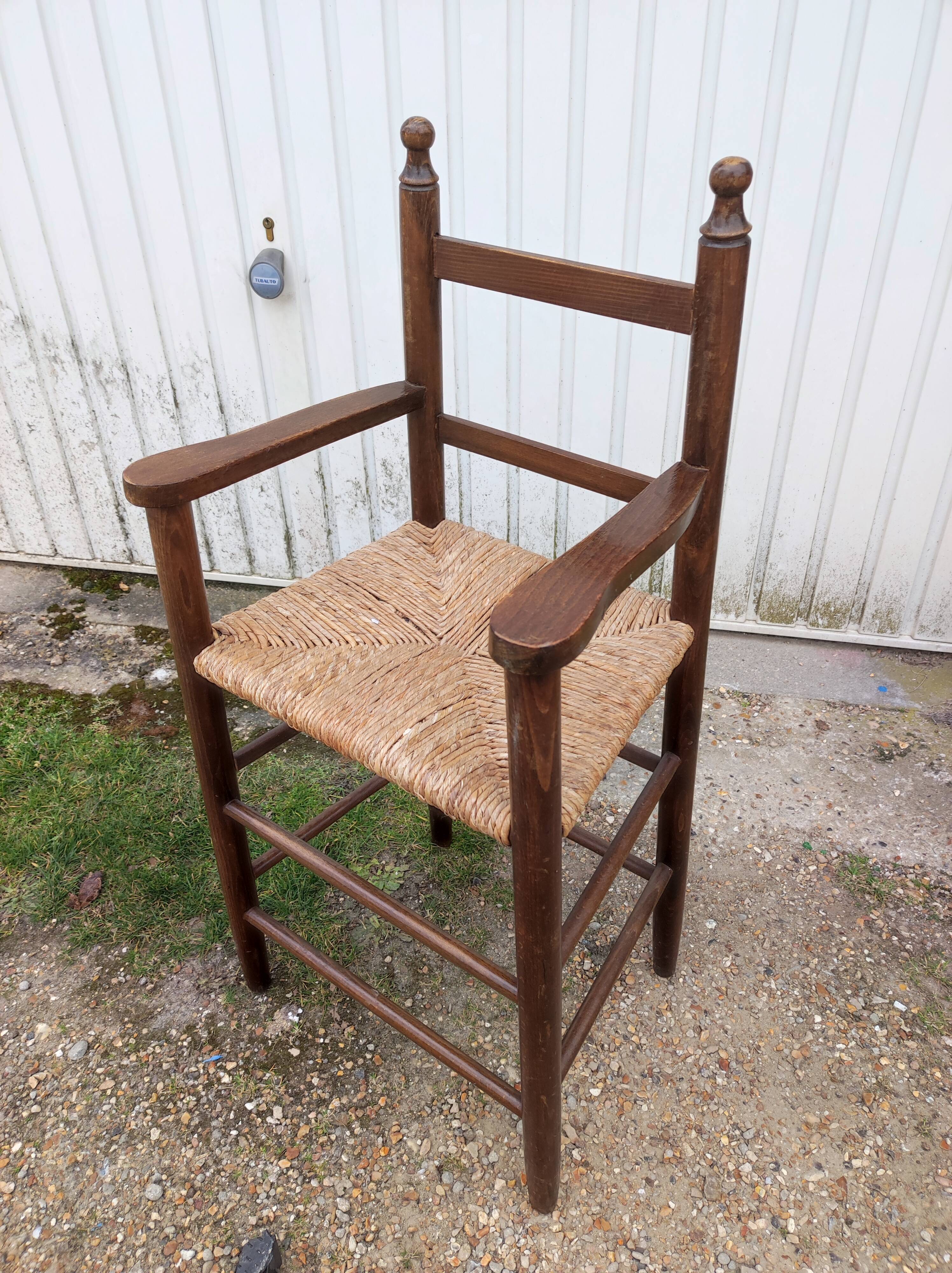 Chair armchair high child wood seat straw vintage