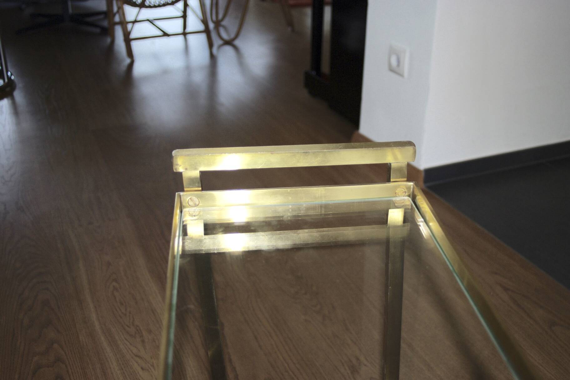 Vintage side table with brass and glass magazine rack
