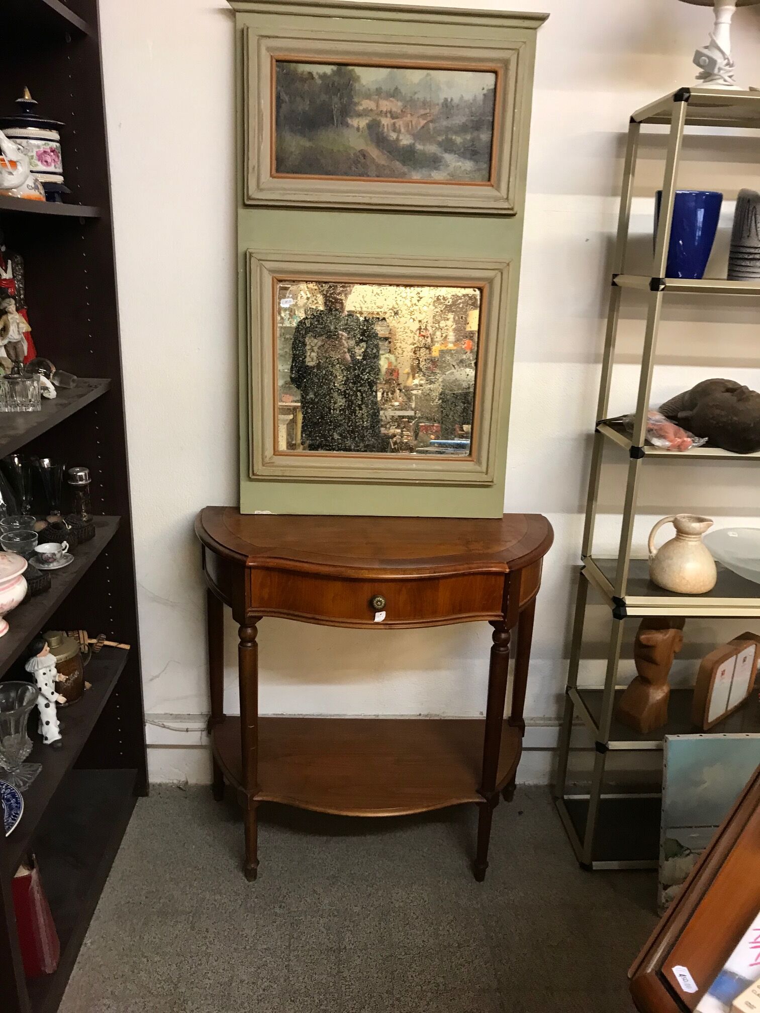 Cherry half-moon console with drawer and bottom shelf
