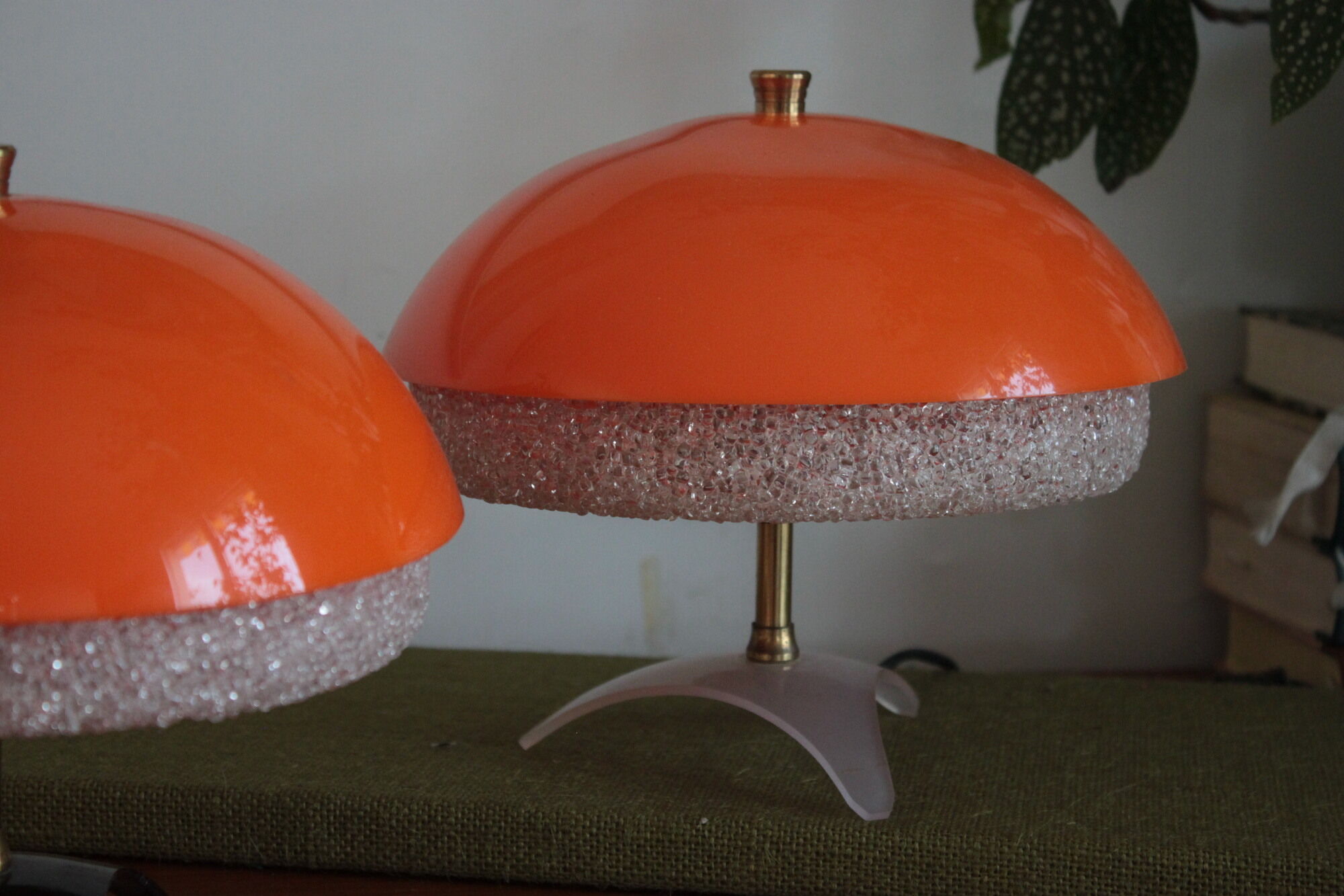 Pair of Philips 1960 mushroom bedside lamp, granite and orange vintage perspex