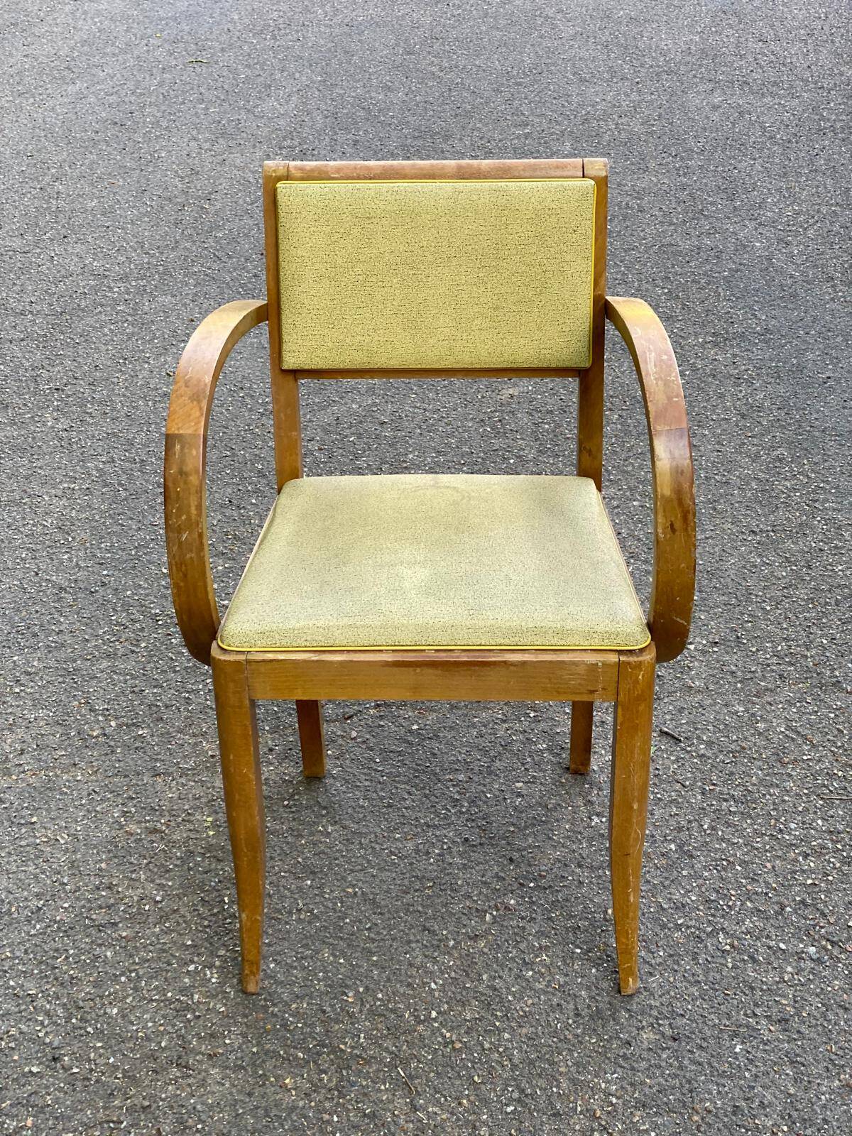 Curved wood and yellow leather bridge office chair