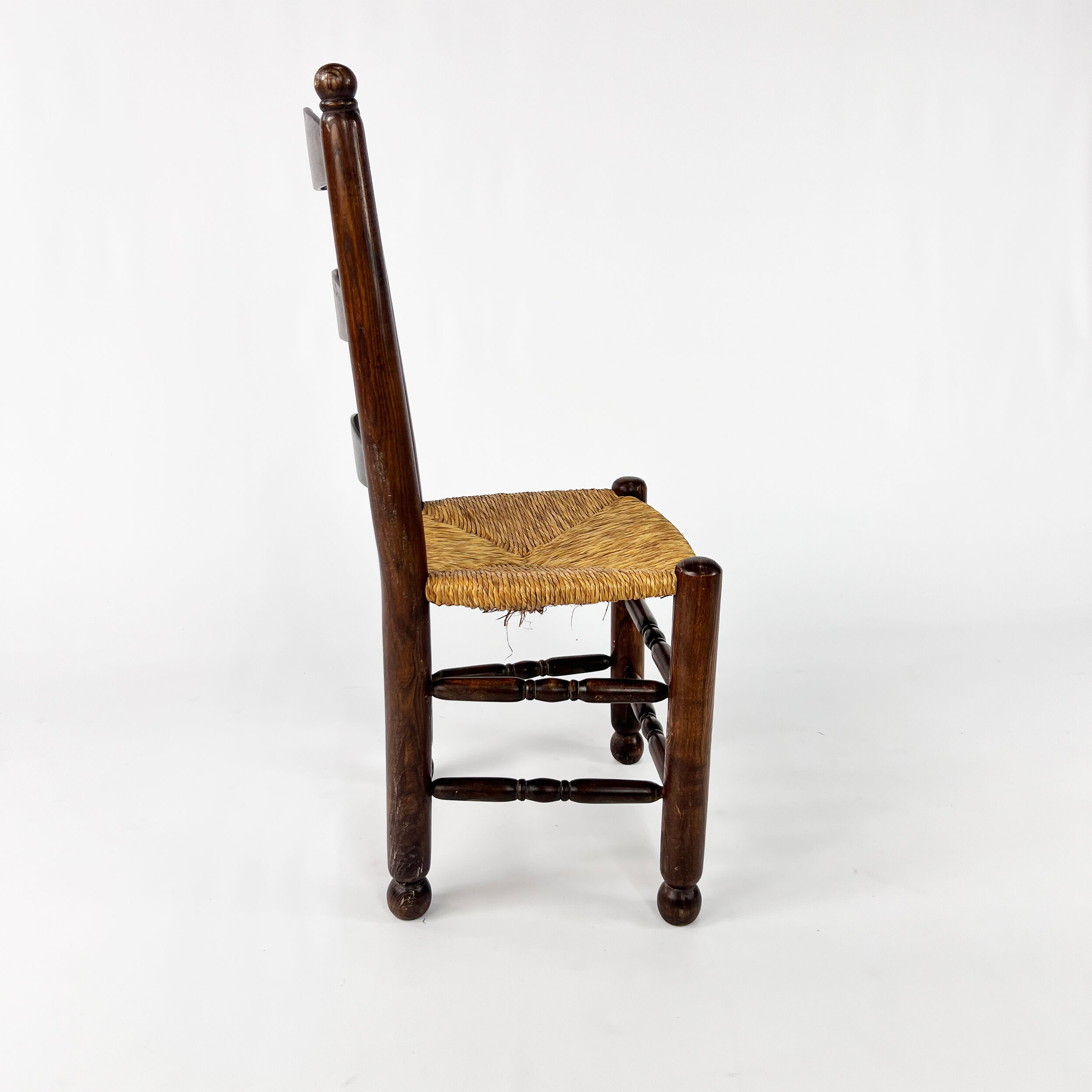 Set of 6 french antique rush and oak dining chairs, 1900s