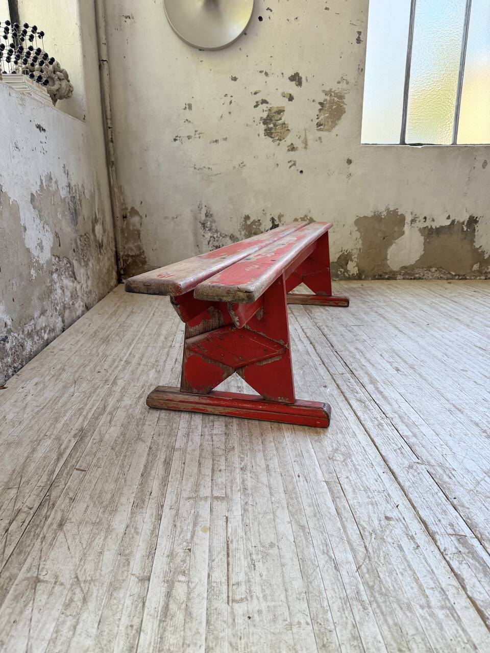 1950s oak bench with red patina, 2m