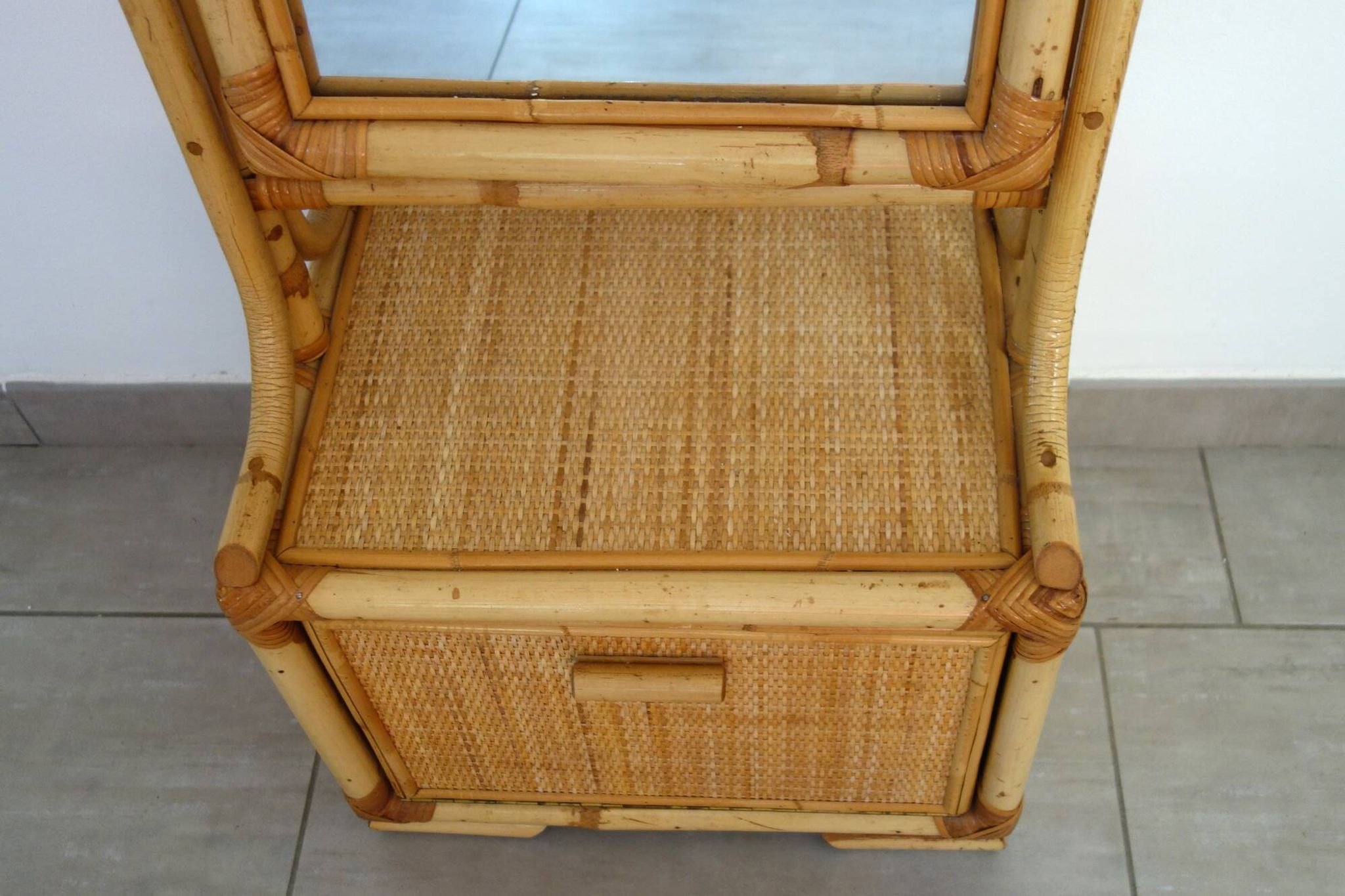 Miroir psyché osier tressé et bambou, années 70/80