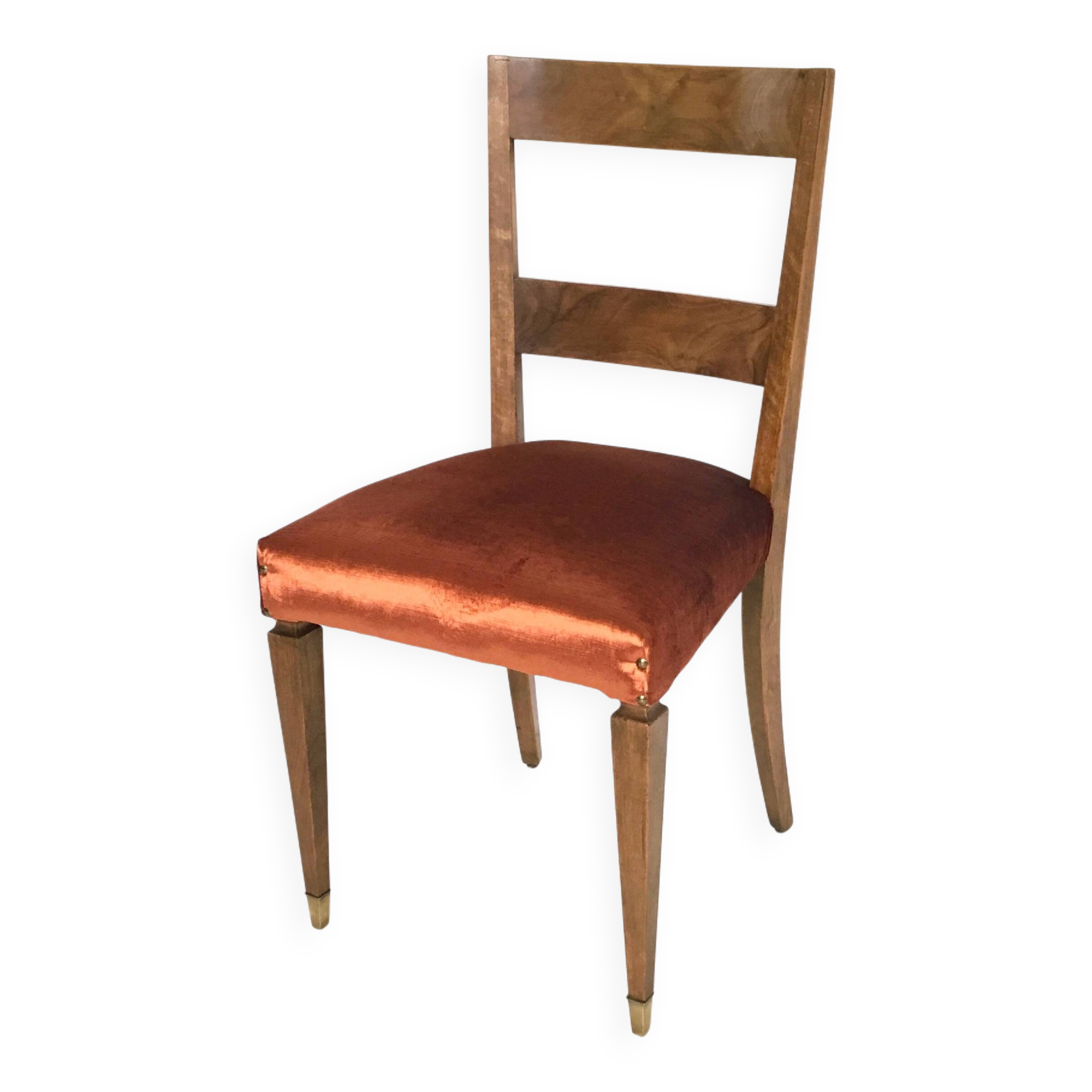 Set of Ten Orange Fabric Upholstery and Walnut Dining Chairs, Italy