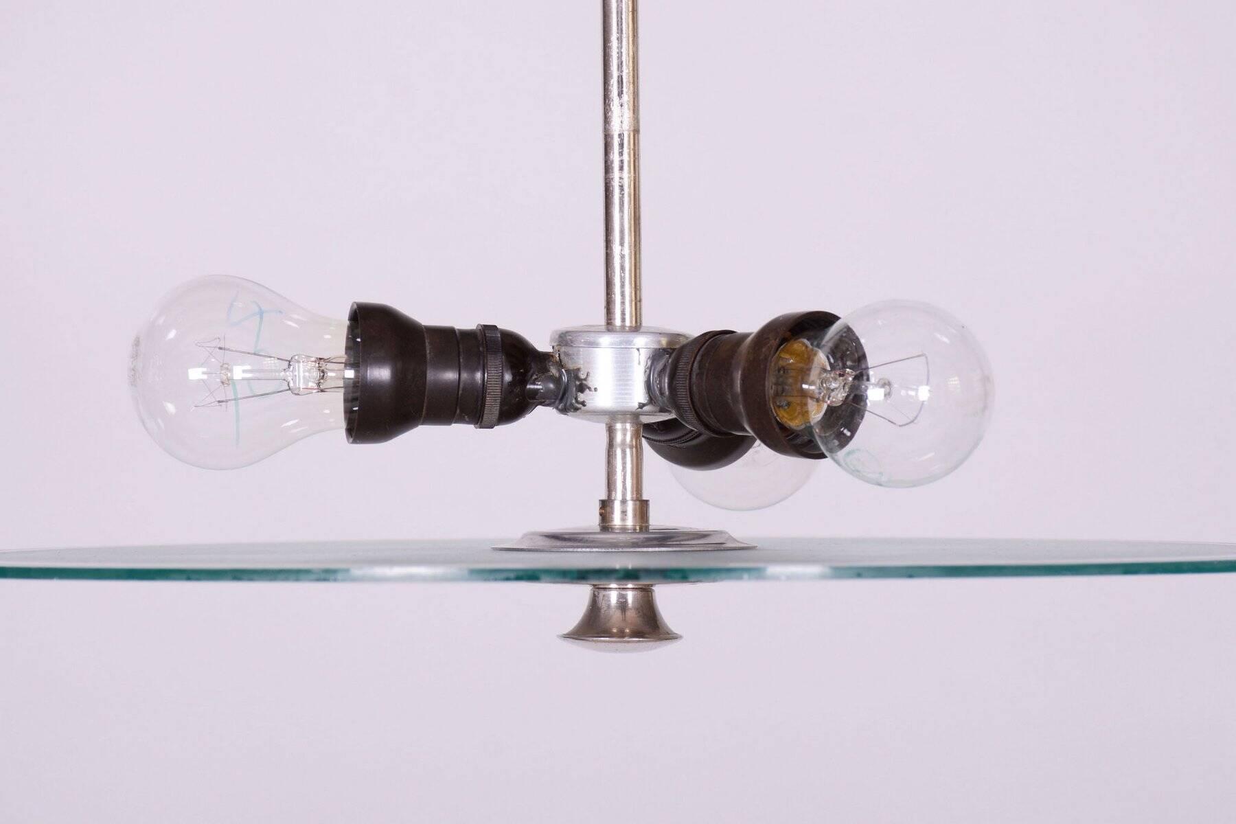 Bauhaus Chandelier in Chrome, Steel and Frosted Glass, Czech, 1930s
