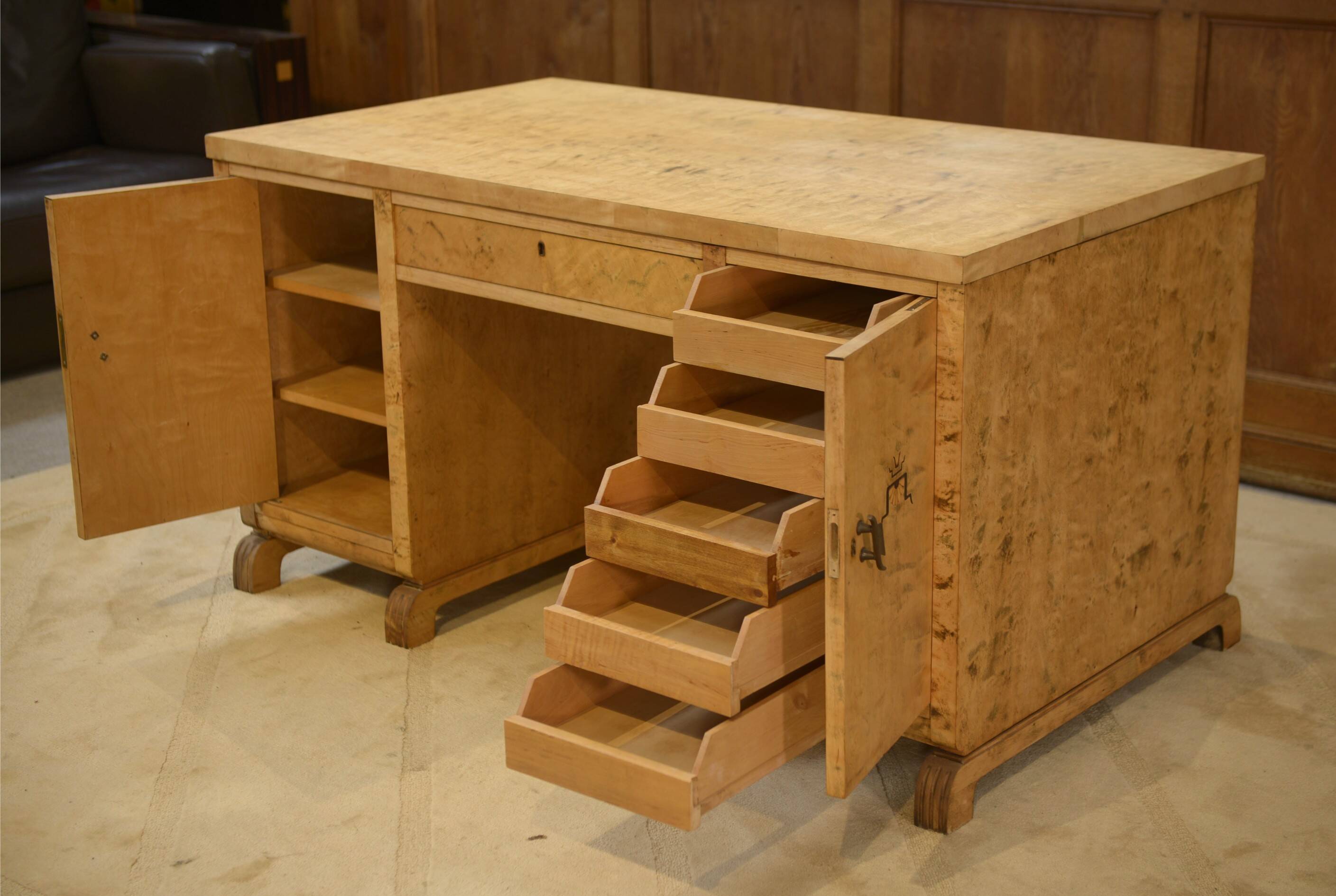English desk in birch veneer with bee pattern marquetry from the 1950s.