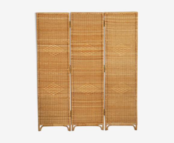 Paravent vintage en rotin et bois 1960