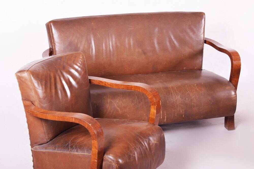 Vintage Art Deco Lounge Set in Walnut and Leather, 1930s, Set of 3