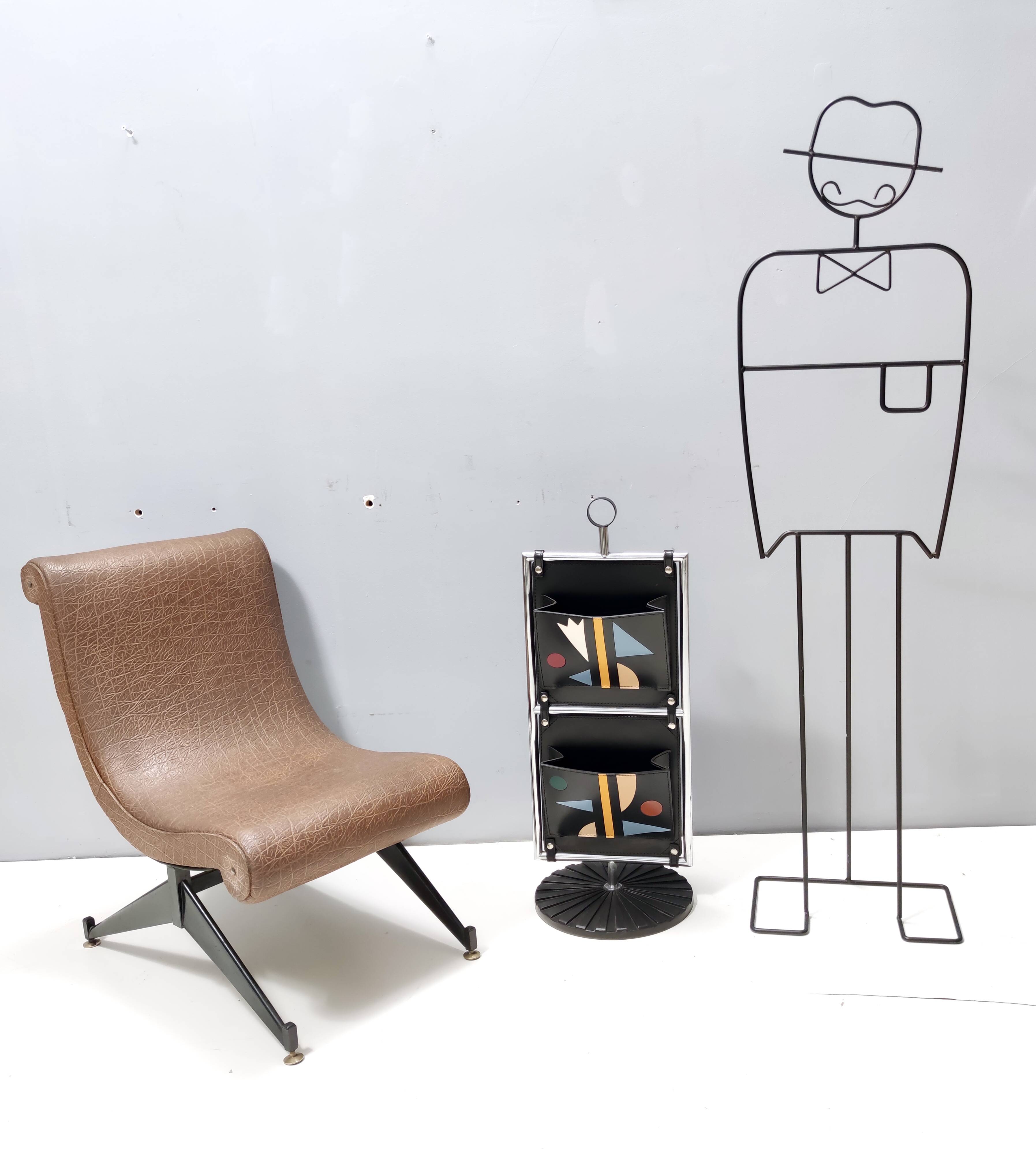 Black Leather and Chrome-Plated Metal Magazine Rack by Salmistraro, Italy