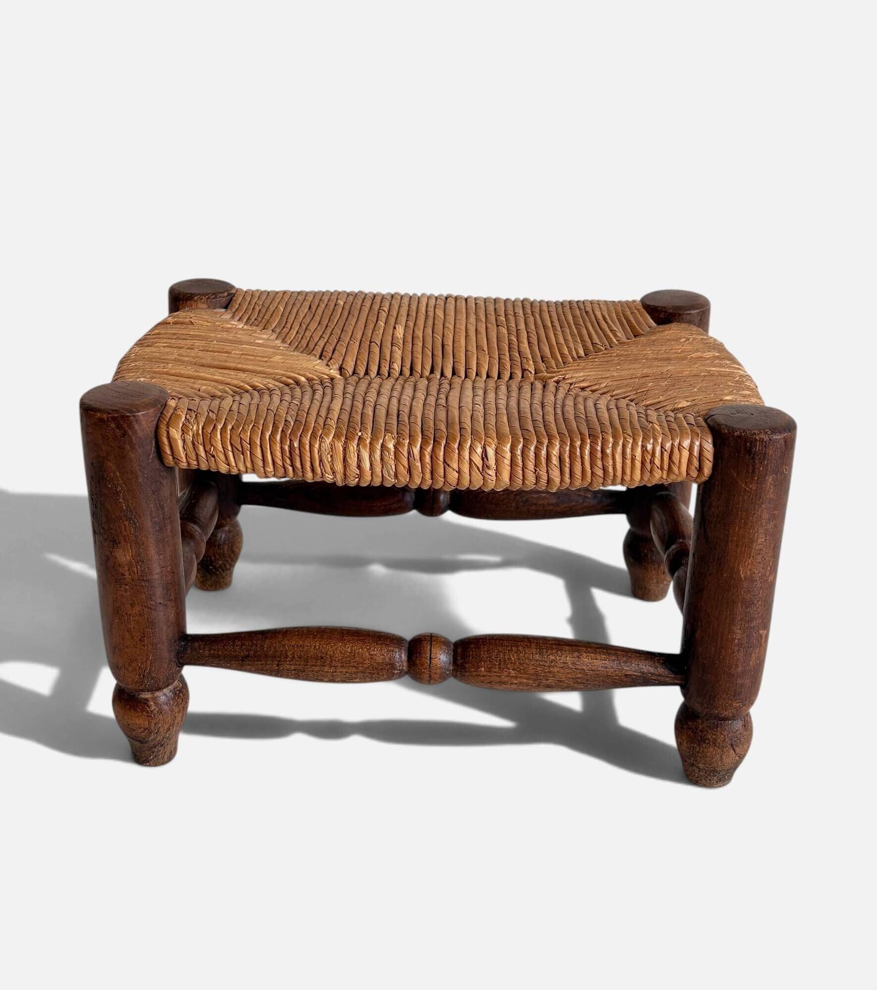 Rustic French Low Footstool in Turned Wood and Rush, Early 20th Century