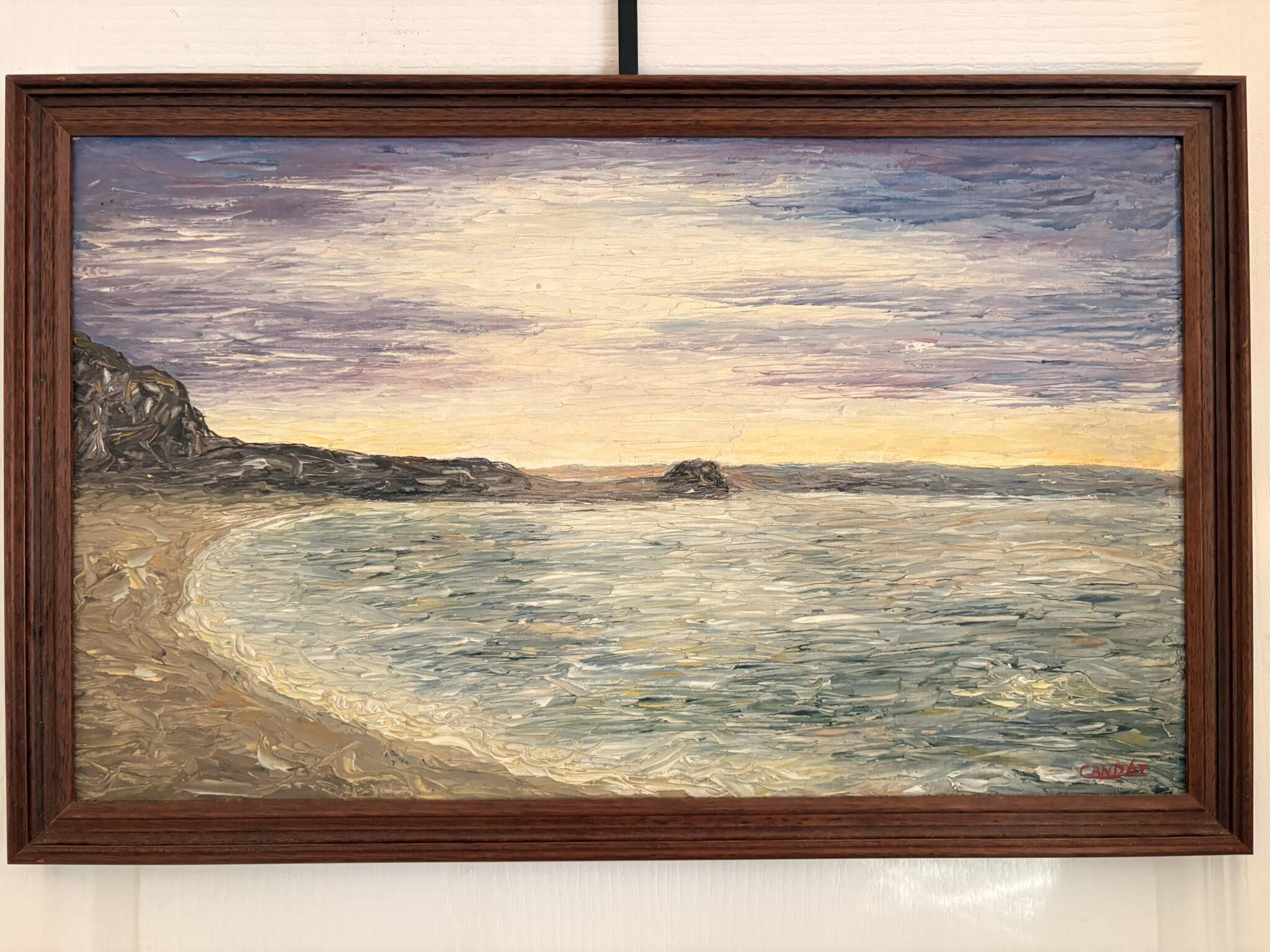 Oil painting knife beach sea sunset cliff signed canda
