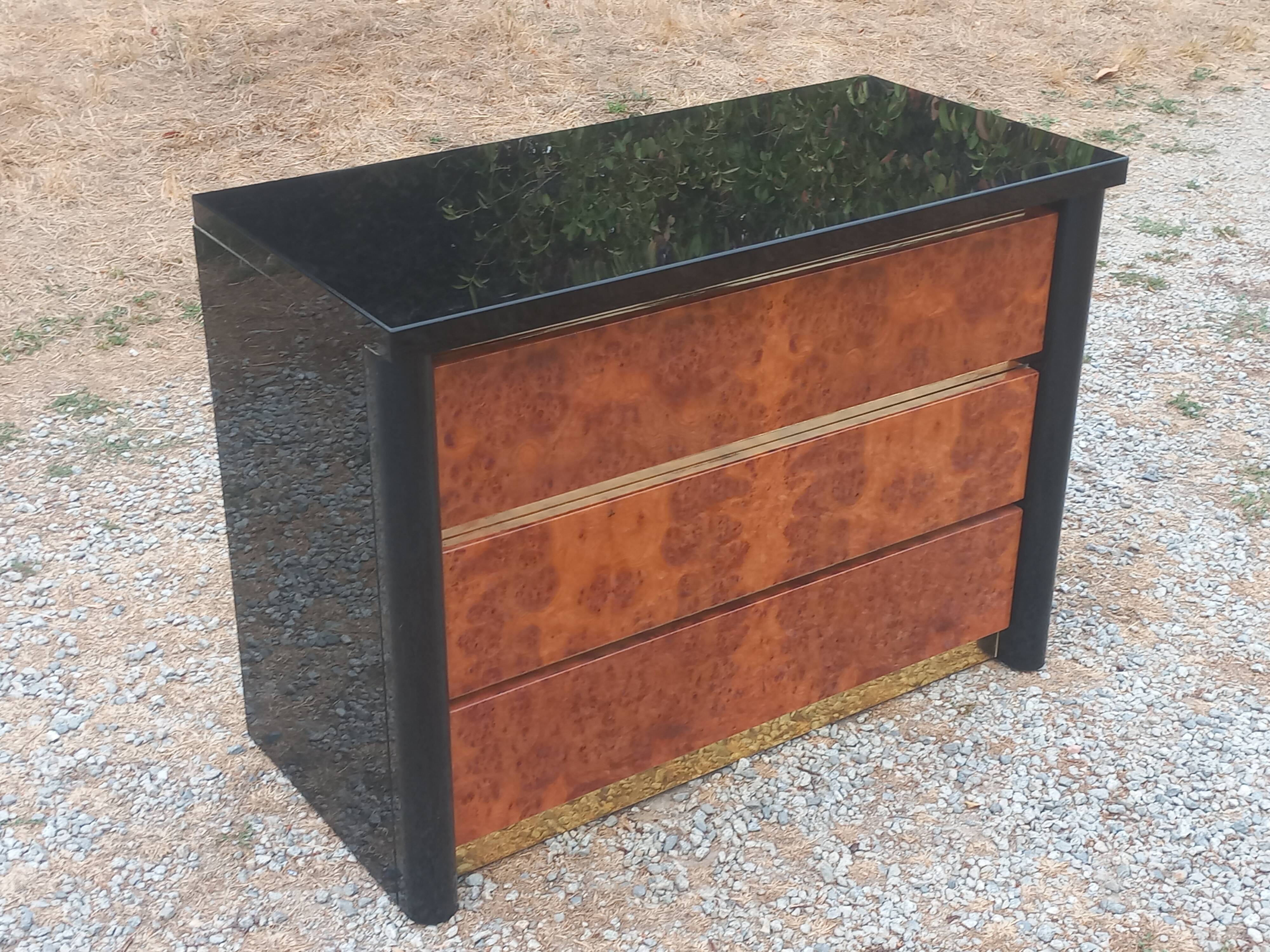 Roche Bobois Mahey black lacquer and burl commode with 3 drawers.