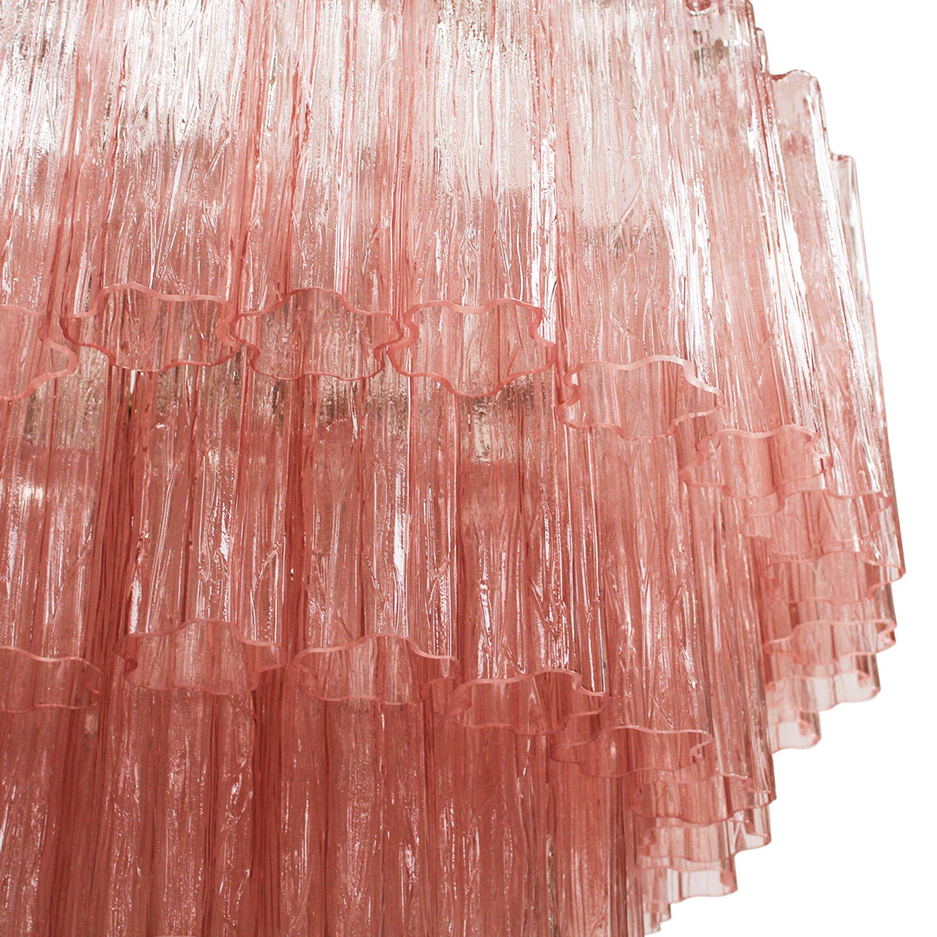 Mid Modern Italian Pink Murano Glass Cascading Suspension Lamp with Brass Frame