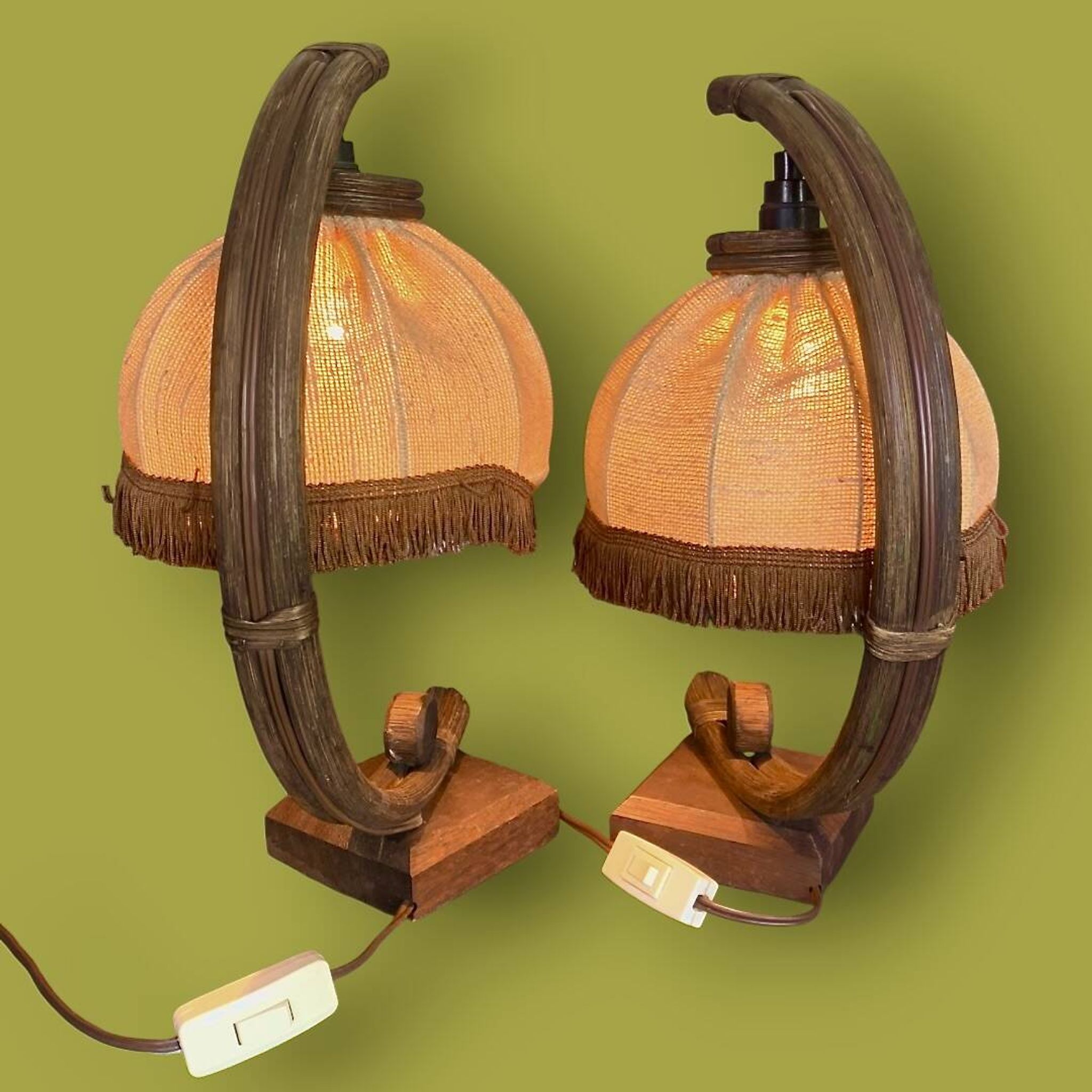 Pair of bamboo and jute bedside lamps, 1970s