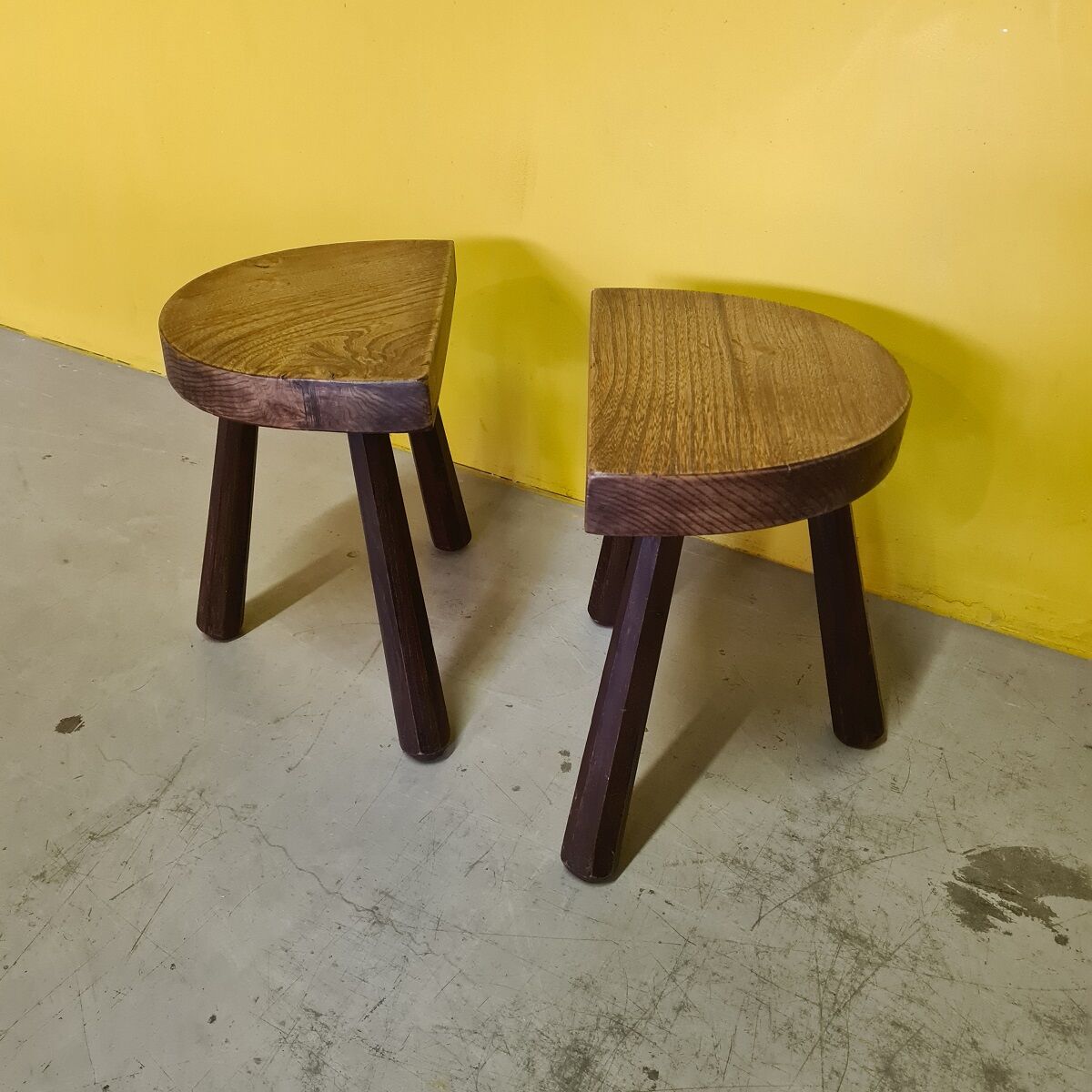 Set vintage french oak wooden stools, from the 1970