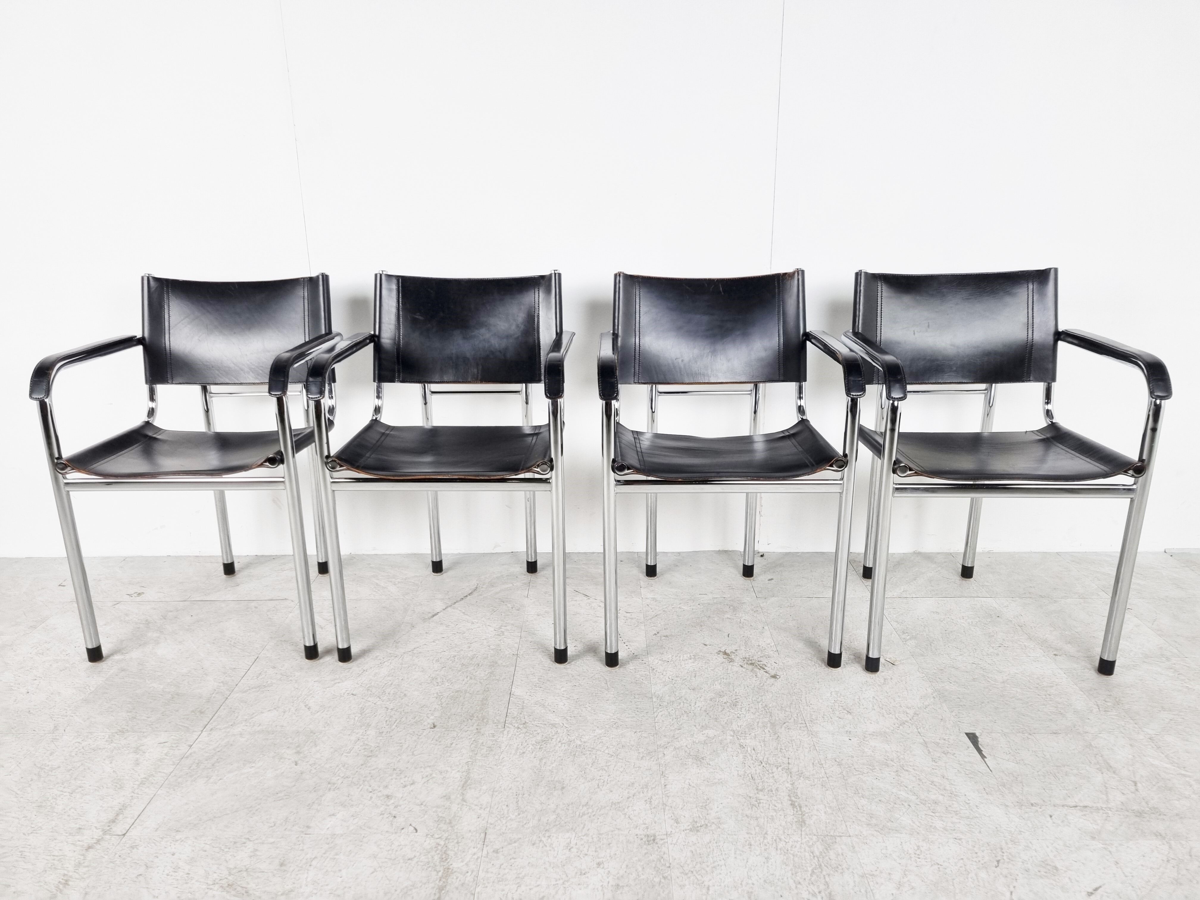 Vintage chrome and leather dining chairs set of 4 - 1980s