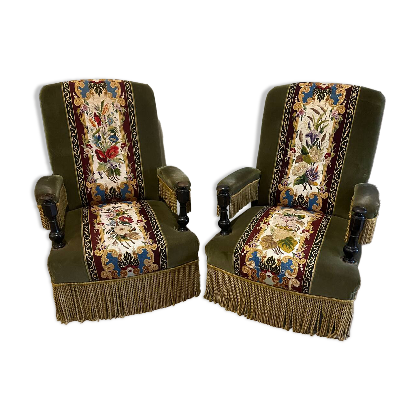 Pair of velvet and tapestry armchairs